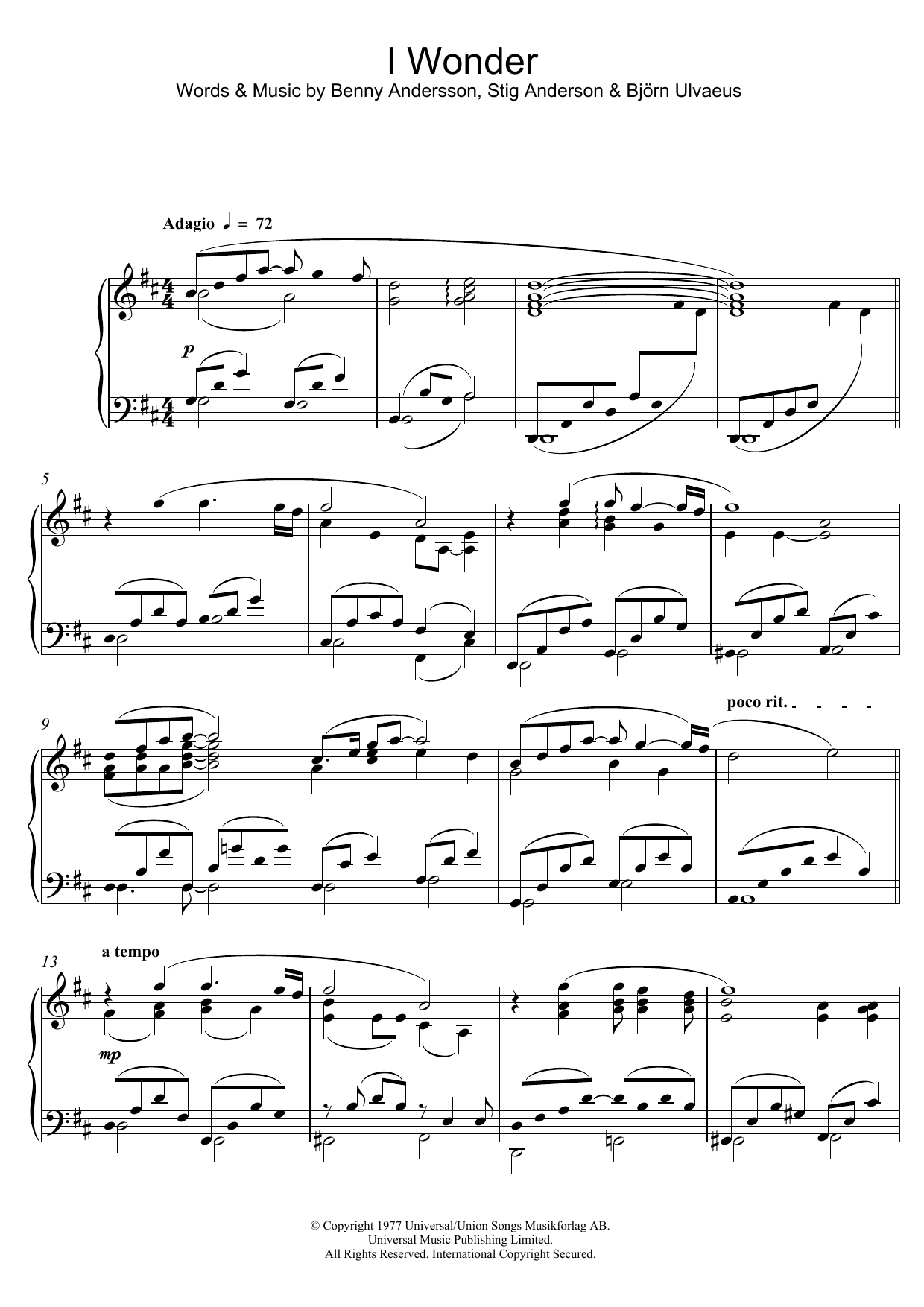 Download Benny Andersson I Wonder Sheet Music and learn how to play Piano PDF digital score in minutes