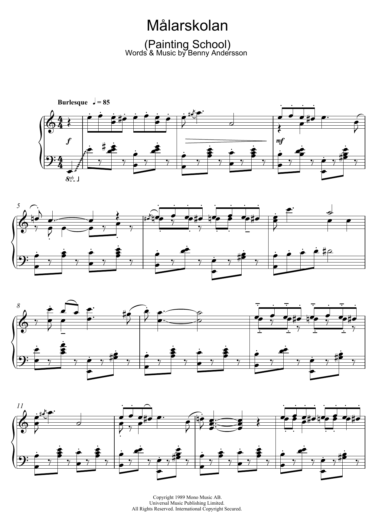 Download Benny Andersson Målarskolan Sheet Music and learn how to play Piano PDF digital score in minutes