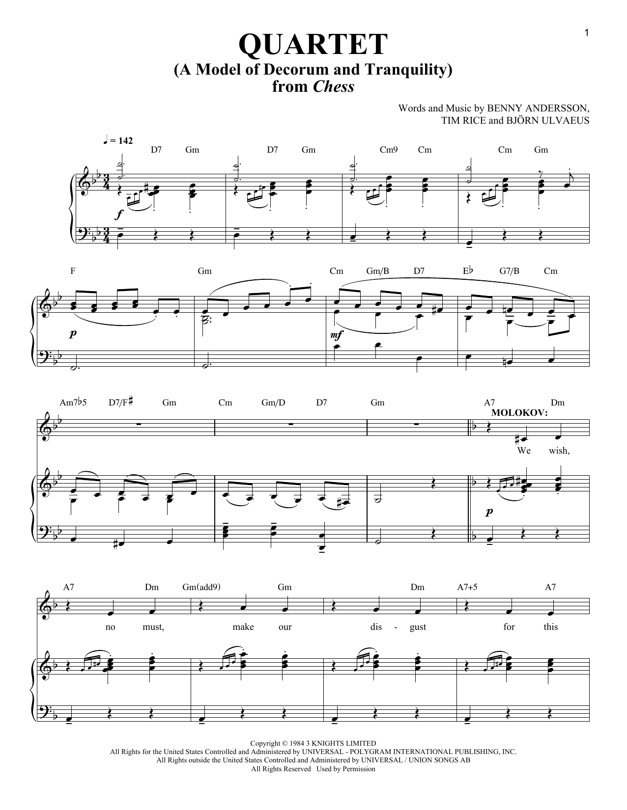 Download Benny Andersson Quartet (A Model Of Decorum and Tranquility) Sheet Music and learn how to play Piano & Vocal PDF digital score in minutes