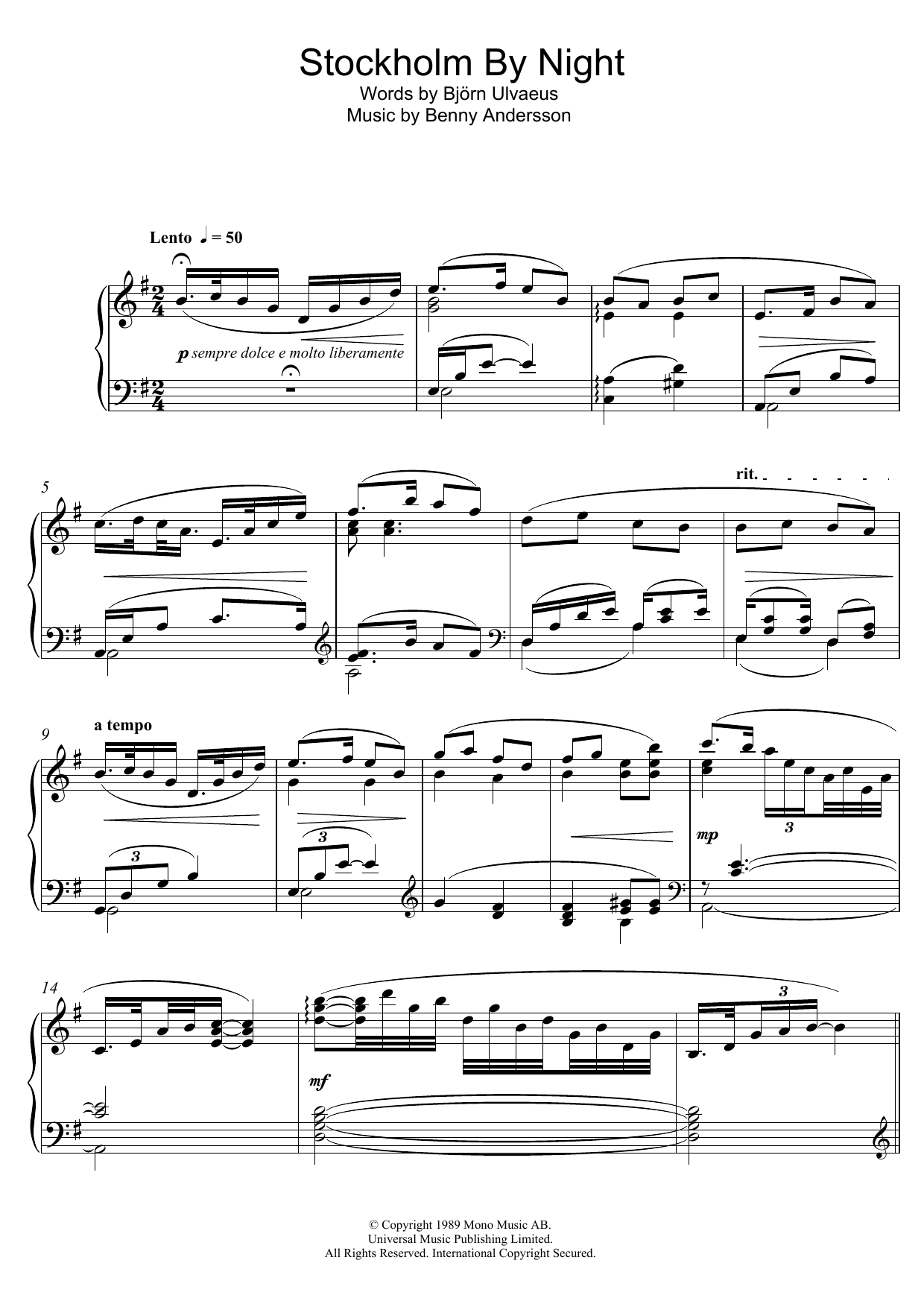 Download Benny Andersson Stockholm By Night Sheet Music and learn how to play Piano PDF digital score in minutes