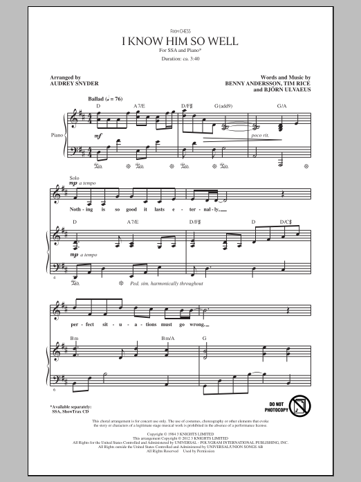 Download Andersson and Ulvaeus I Know Him So Well (from Chess) (arr. Audrey Snyder) Sheet Music and learn how to play SSA PDF digital score in minutes