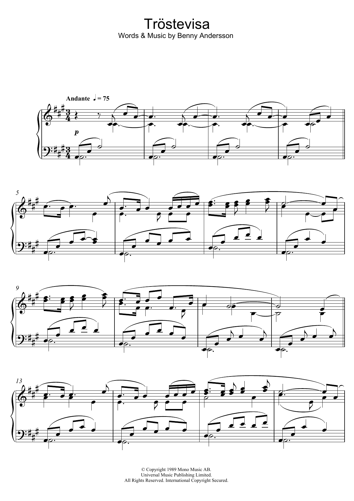 Download Benny Andersson Tröstevisa Sheet Music and learn how to play Piano PDF digital score in minutes