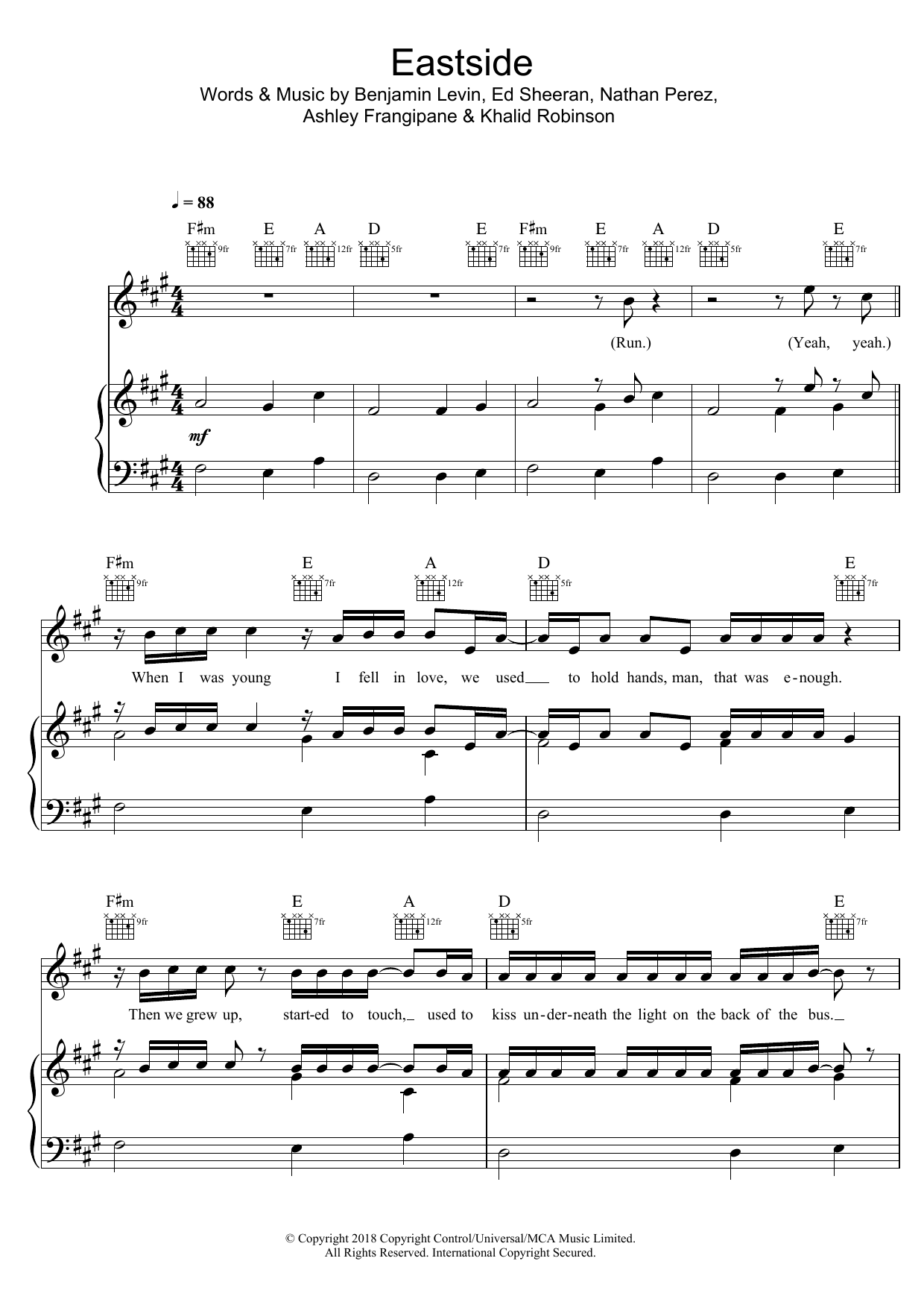 Download Benny Blanco Eastside Sheet Music and learn how to play Piano, Vocal & Guitar PDF digital score in minutes