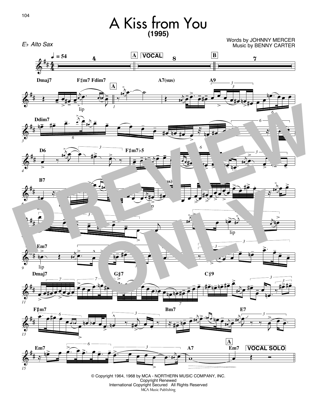 Download Benny Carter A Kiss From You Sheet Music and learn how to play Alto Sax Transcription PDF digital score in minutes