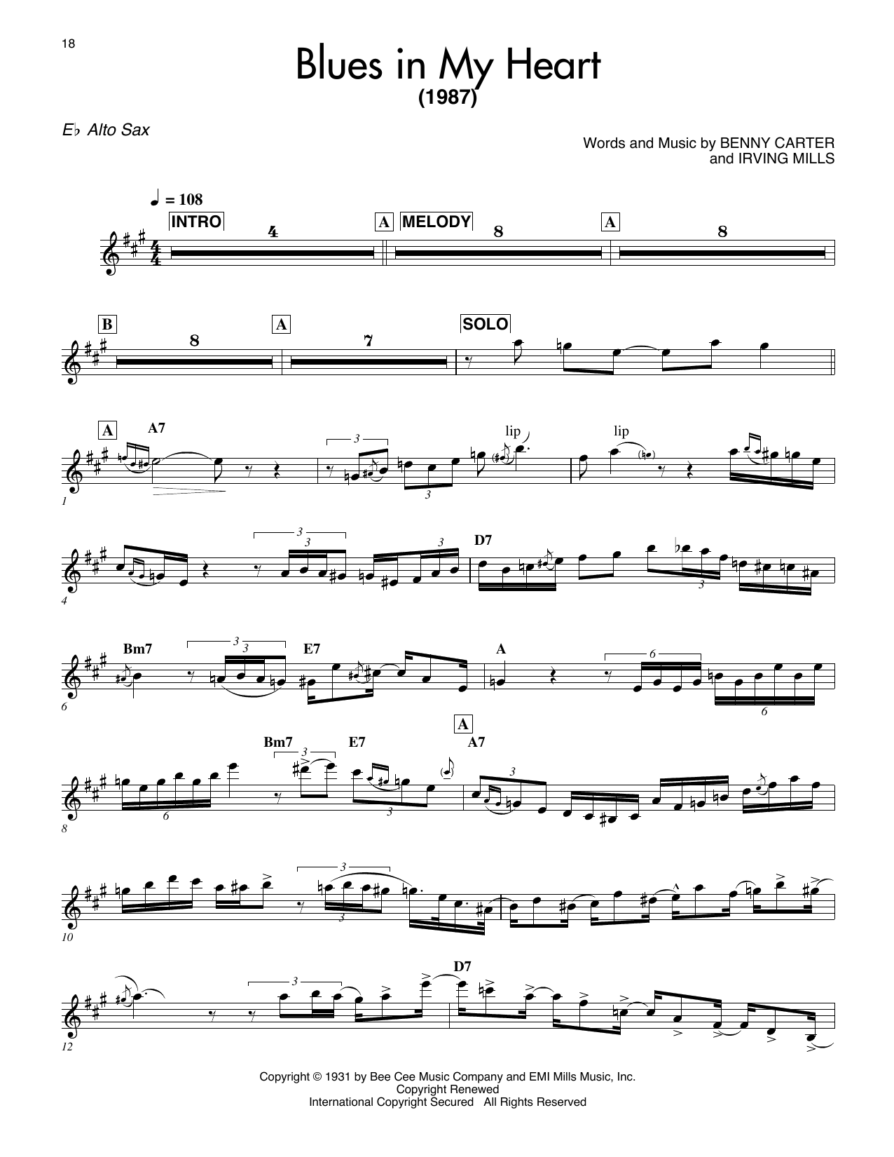 Download Benny Carter Blues In My Heart Sheet Music and learn how to play Alto Sax Transcription PDF digital score in minutes