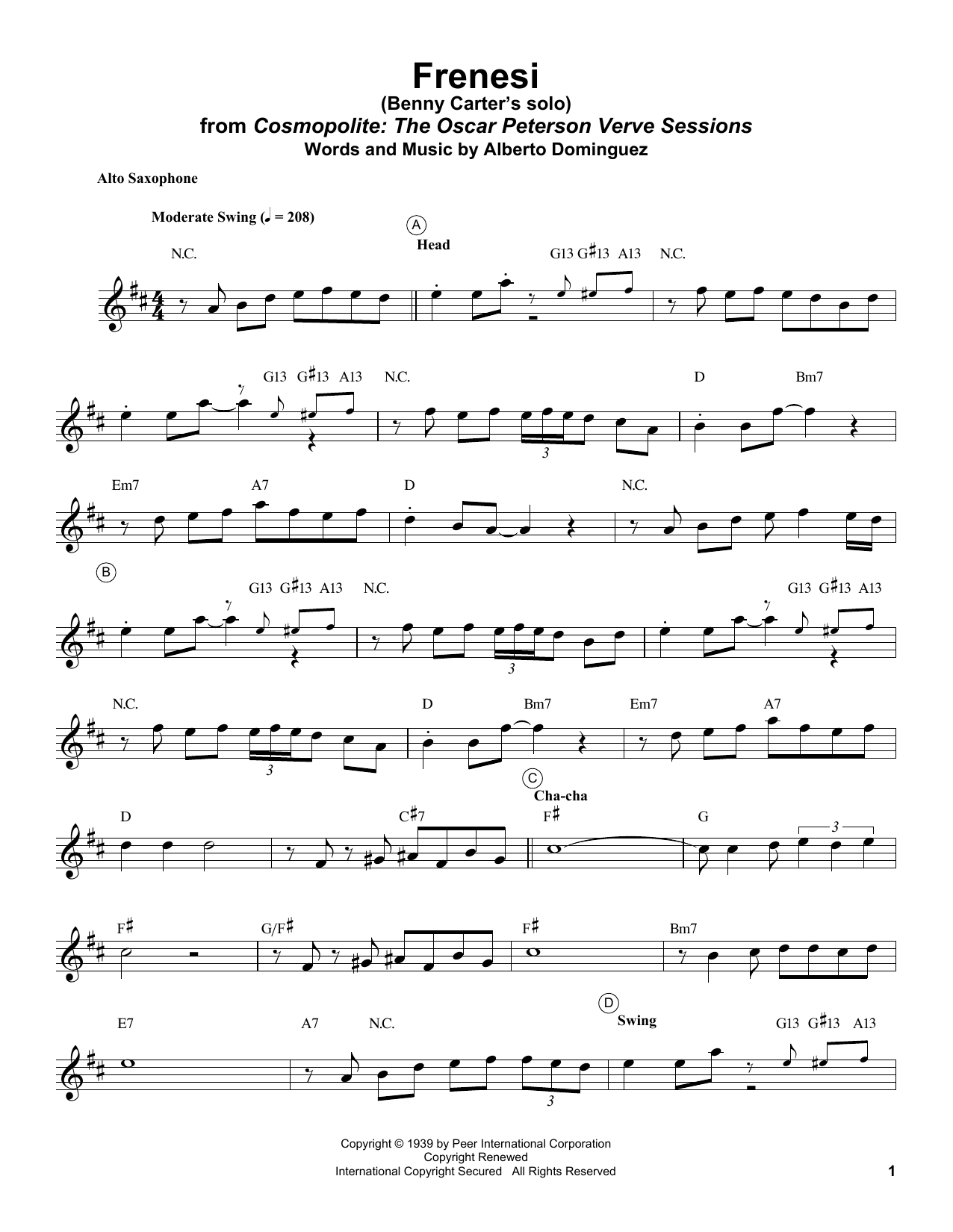 Download Benny Carter Frenesí Sheet Music and learn how to play Alto Sax Transcription PDF digital score in minutes