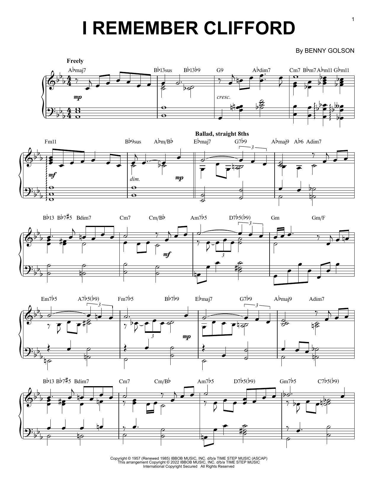 Download Benny Golson I Remember Clifford [Jazz version] (arr. Brent Edstrom) Sheet Music and learn how to play Piano Solo PDF digital score in minutes