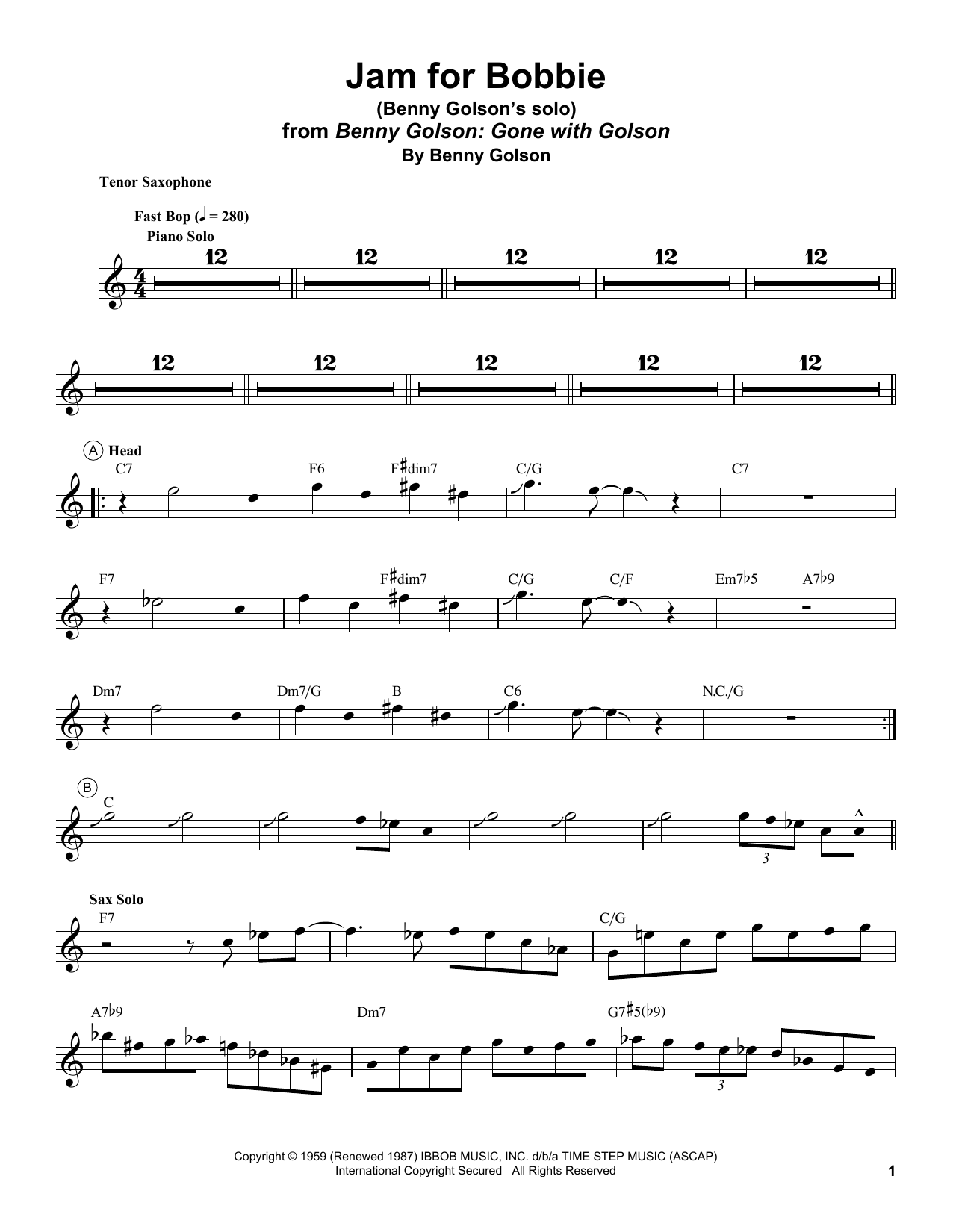 Download Benny Golson Jam For Bobbie Sheet Music and learn how to play Tenor Sax Transcription PDF digital score in minutes