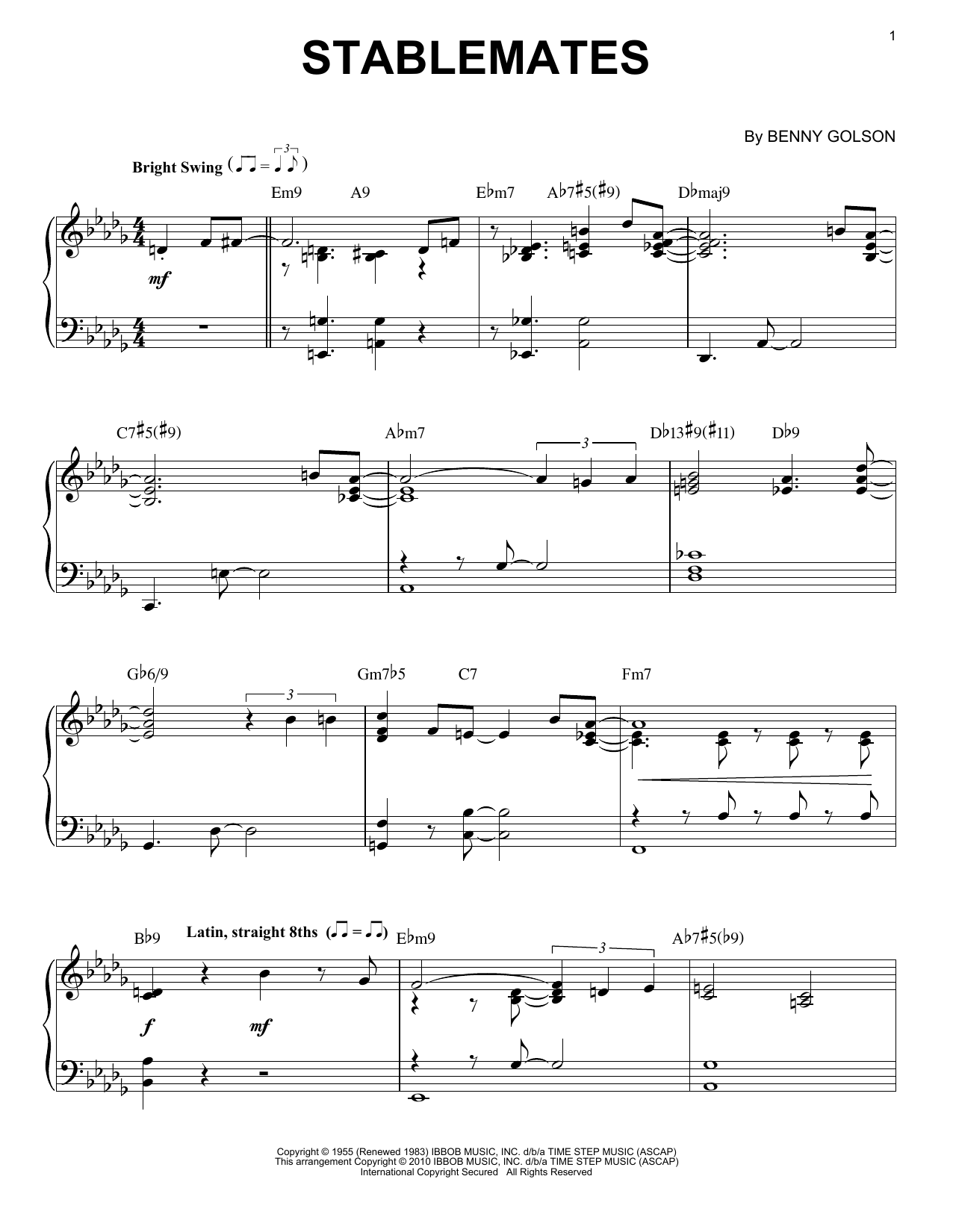 Download Benny Golson Stablemates (arr. Brent Edstrom) Sheet Music and learn how to play Piano Solo PDF digital score in minutes