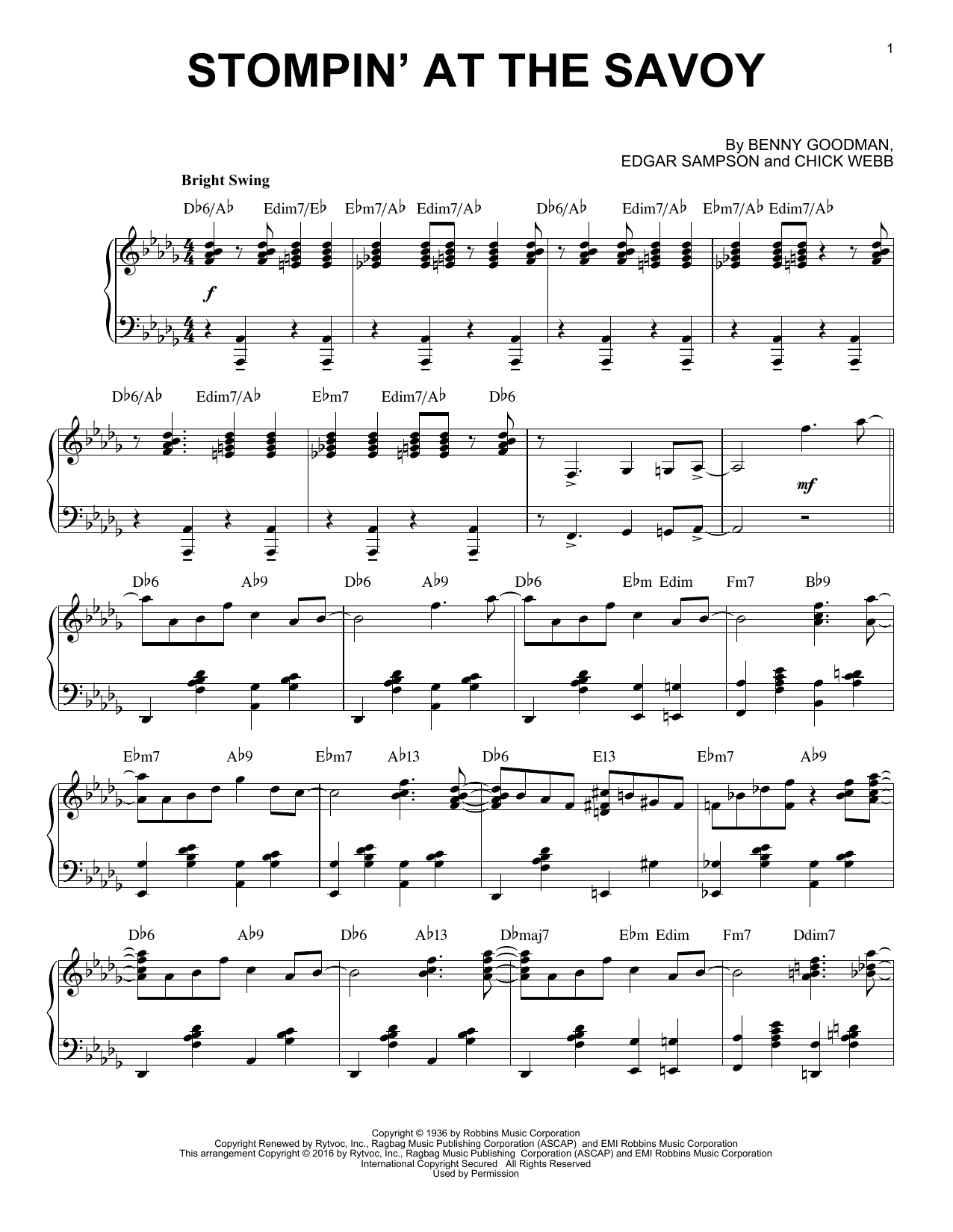 Download Benny Goodman Stompin' At The Savoy Sheet Music and learn how to play Piano PDF digital score in minutes