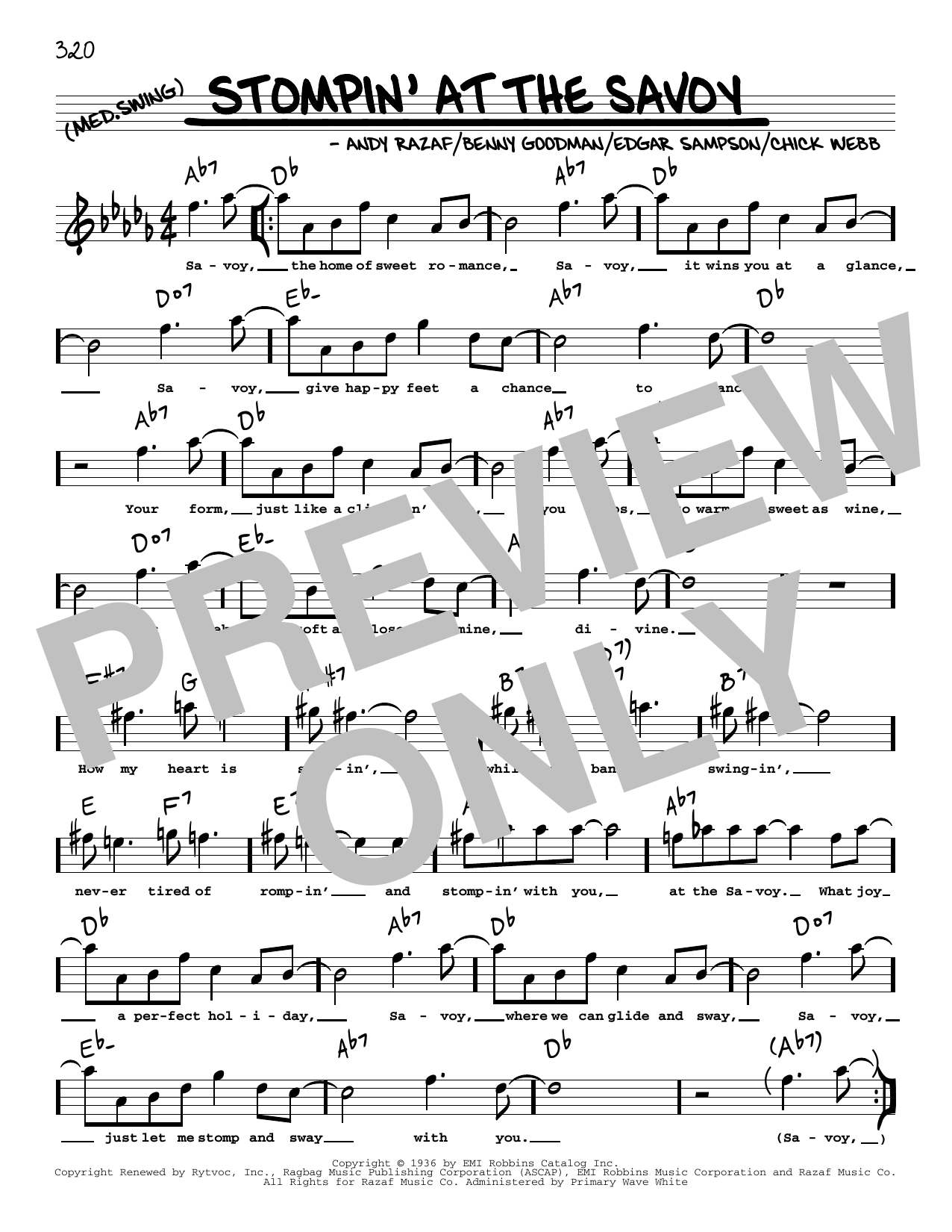Download Benny Goodman Stompin' At The Savoy (arr. Robert Rawlins) Sheet Music and learn how to play Real Book – Melody, Lyrics & Chords PDF digital score in minutes