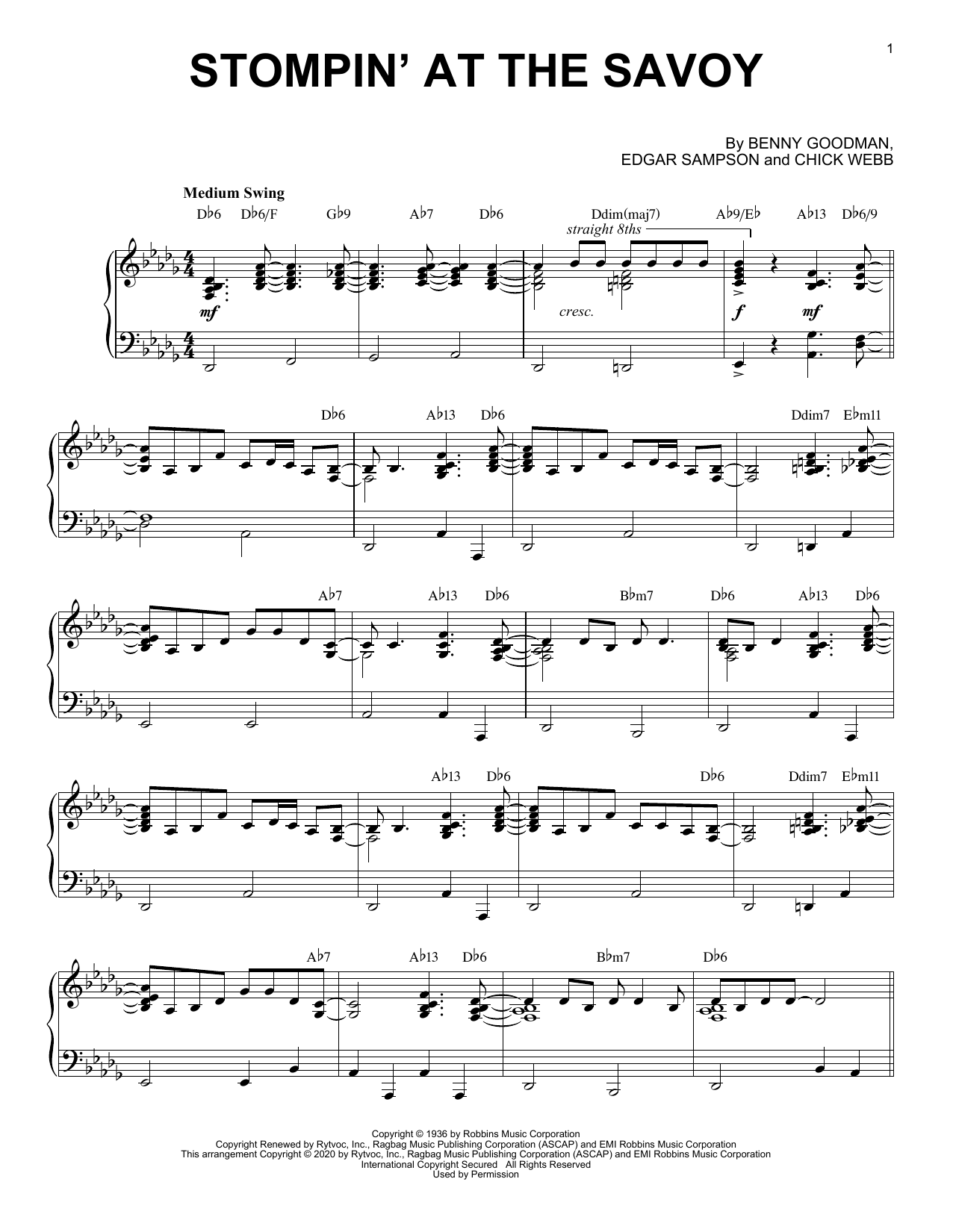 Download Benny Goodman Stompin' At The Savoy [Jazz version] (arr. Brent Edstrom) Sheet Music and learn how to play Piano Solo PDF digital score in minutes