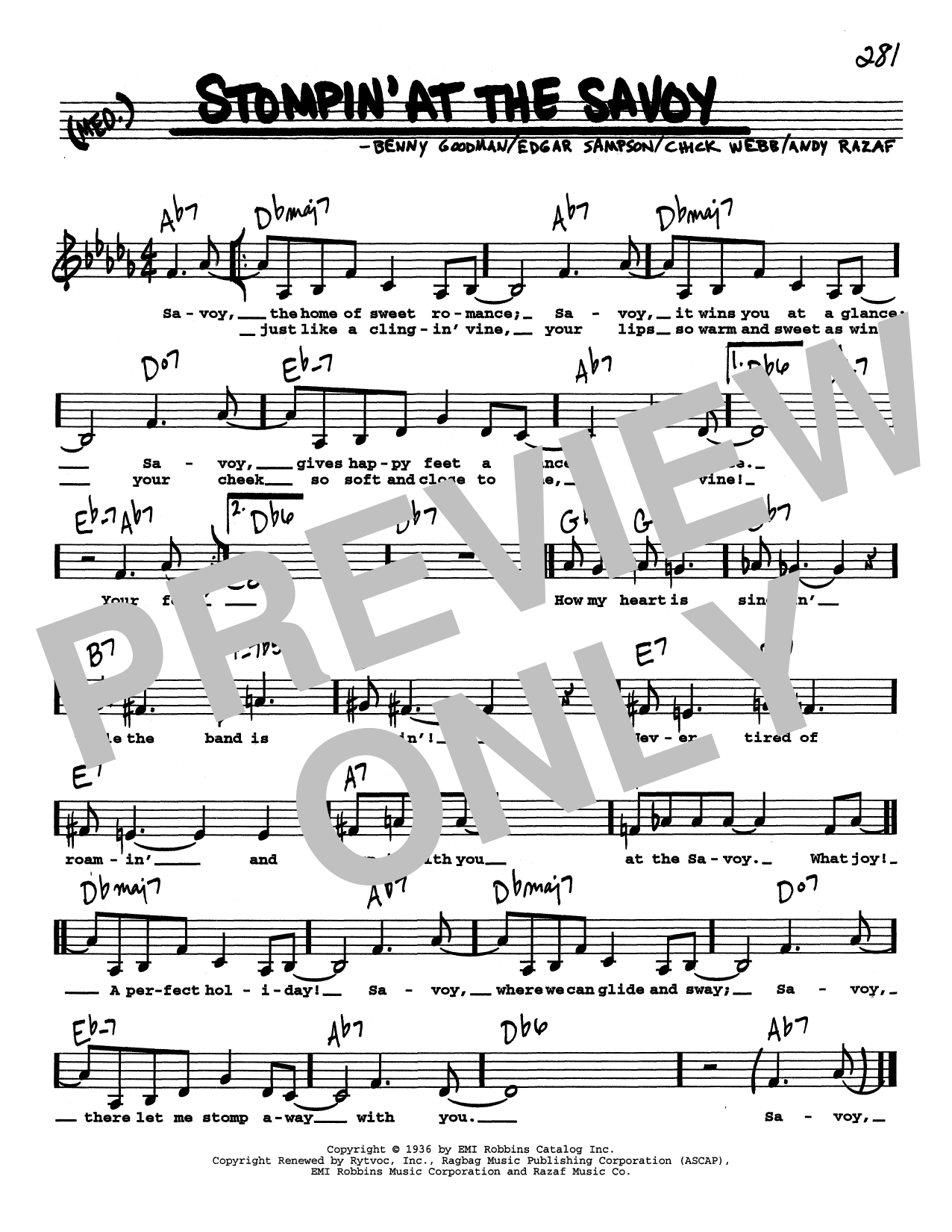 Download Benny Goodman Stompin' At The Savoy (Low Voice) Sheet Music and learn how to play Real Book – Melody, Lyrics & Chords PDF digital score in minutes