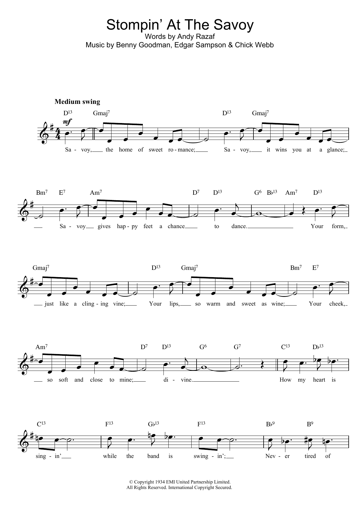 Download Benny Goodman Stompin' At The Savoy Sheet Music and learn how to play Piano, Vocal & Guitar (Right-Hand Melody) PDF digital score in minutes