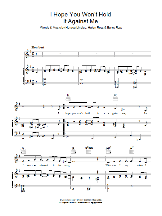 Download Benny Ross I Hope You Won't Hold It Against Me Sheet Music and learn how to play Piano, Vocal & Guitar (Right-Hand Melody) PDF digital score in minutes