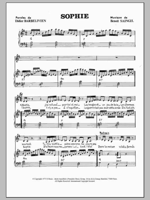 Download Benoit Saingil Sophie Sheet Music and learn how to play Piano & Vocal PDF digital score in minutes