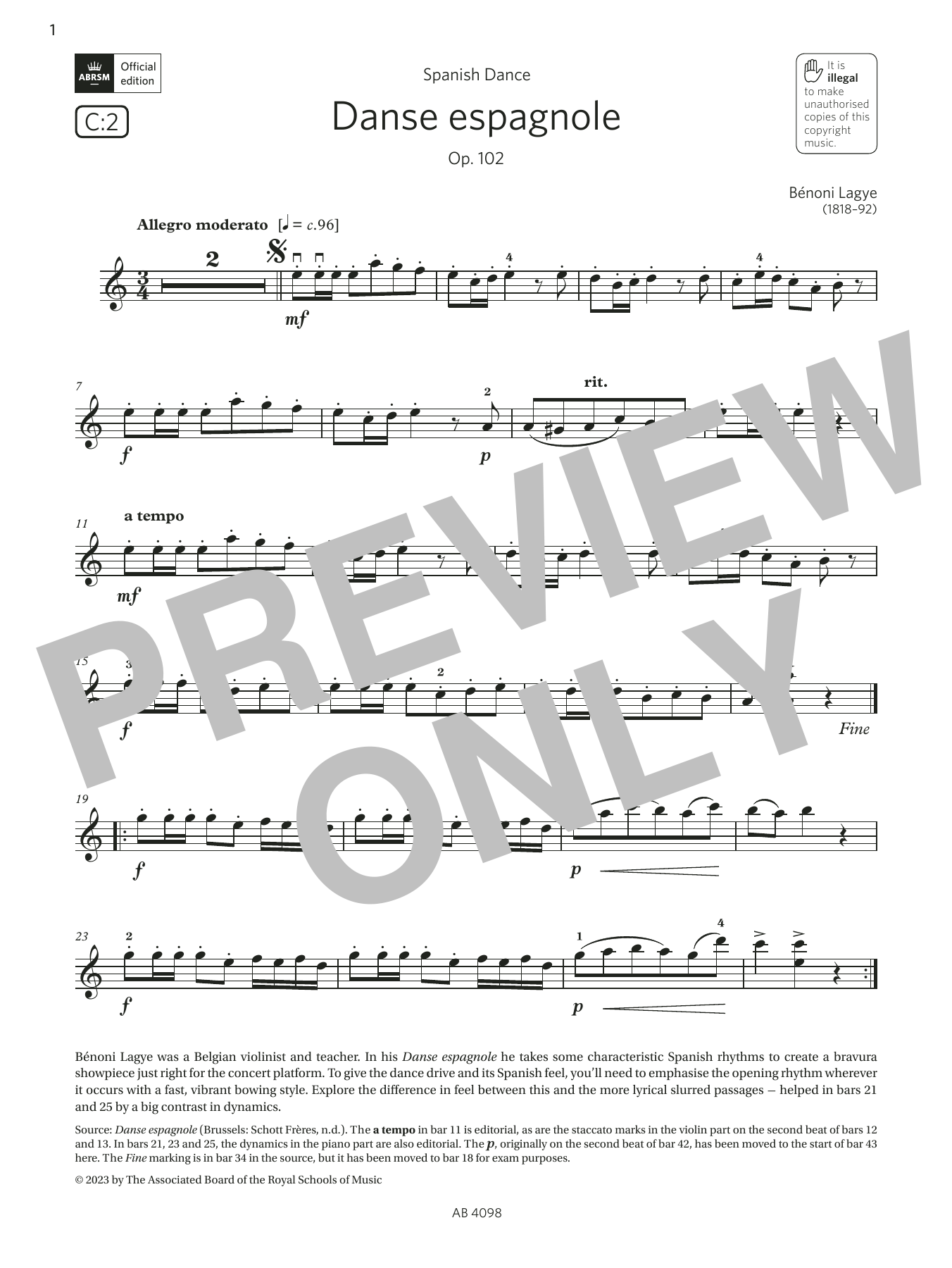 Download Bénoni Lagye Danse espagnole, Op. 102 (Grade 4, C2, from the ABRSM Violin Syllabus from 2024) Sheet Music and learn how to play Violin Solo PDF digital score in minutes