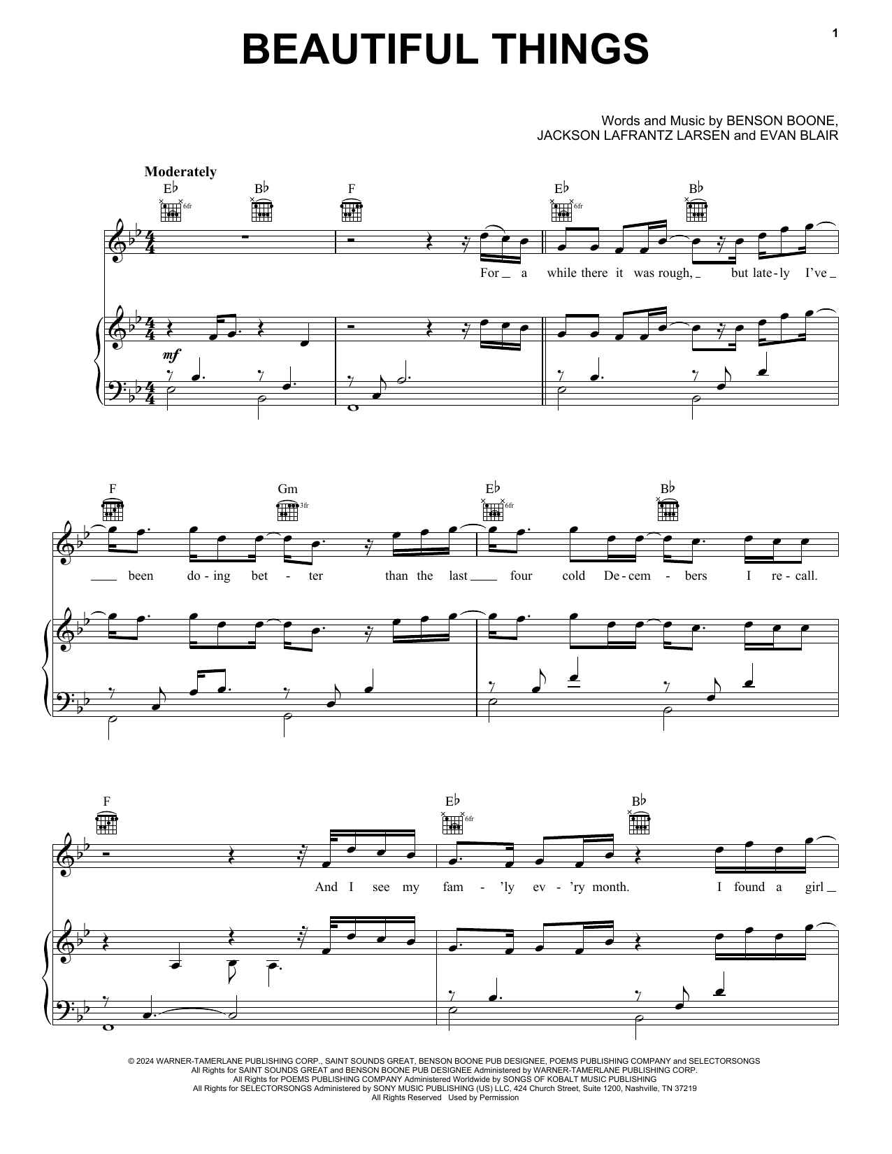 Download Benson Boone Beautiful Things Sheet Music and learn how to play Piano, Vocal & Guitar Chords (Right-Hand Melody) PDF digital score in minutes