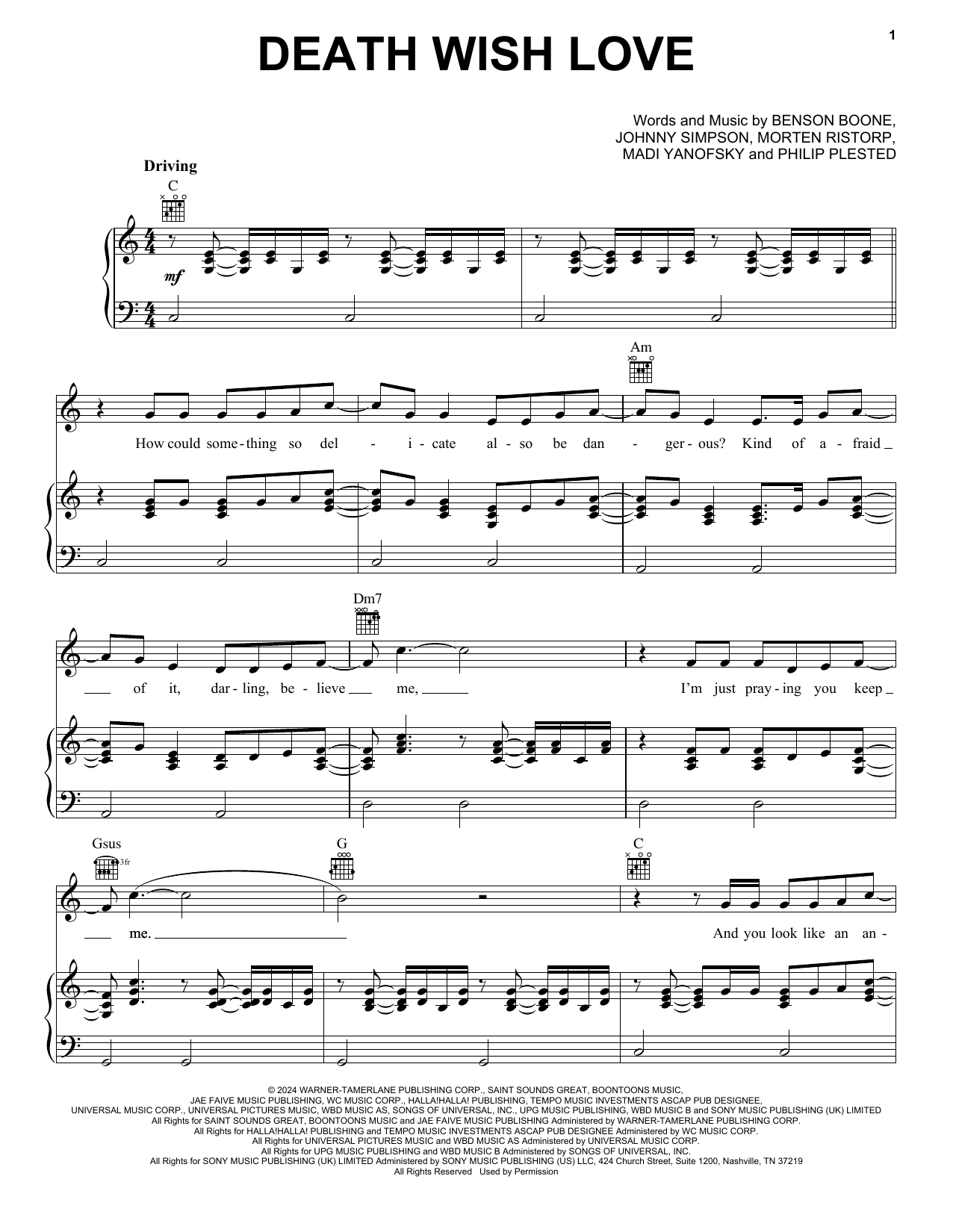 Download Benson Boone Death Wish Love (from Twisters) Sheet Music and learn how to play Piano, Vocal & Guitar Chords (Right-Hand Melody) PDF digital score in minutes