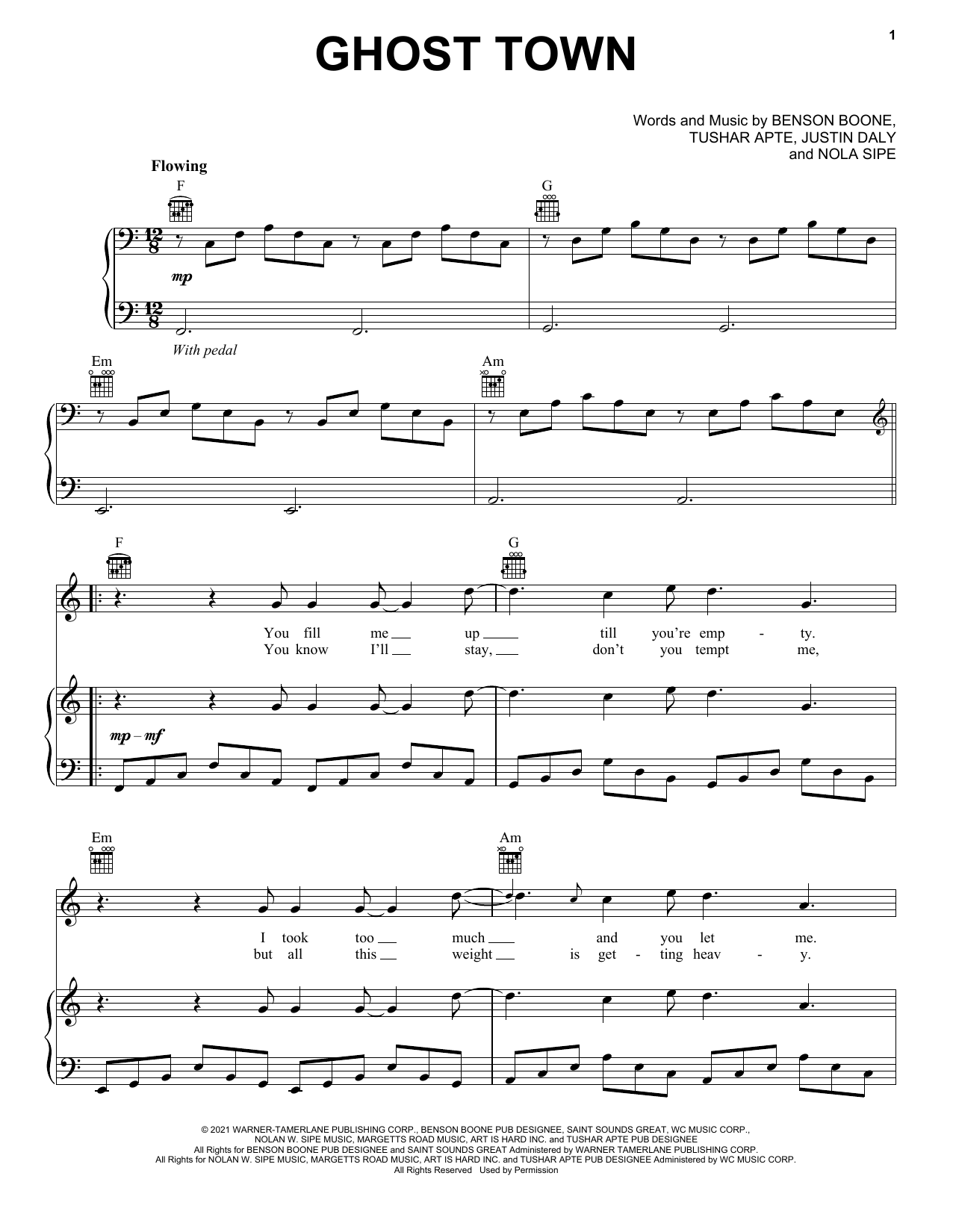 Download Benson Boone Ghost Town Sheet Music and learn how to play Piano, Vocal & Guitar Chords (Right-Hand Melody) PDF digital score in minutes