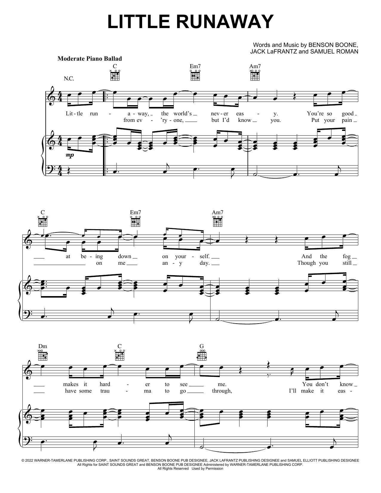 Download Benson Boone Little Runaway Sheet Music and learn how to play Piano, Vocal & Guitar Chords (Right-Hand Melody) PDF digital score in minutes