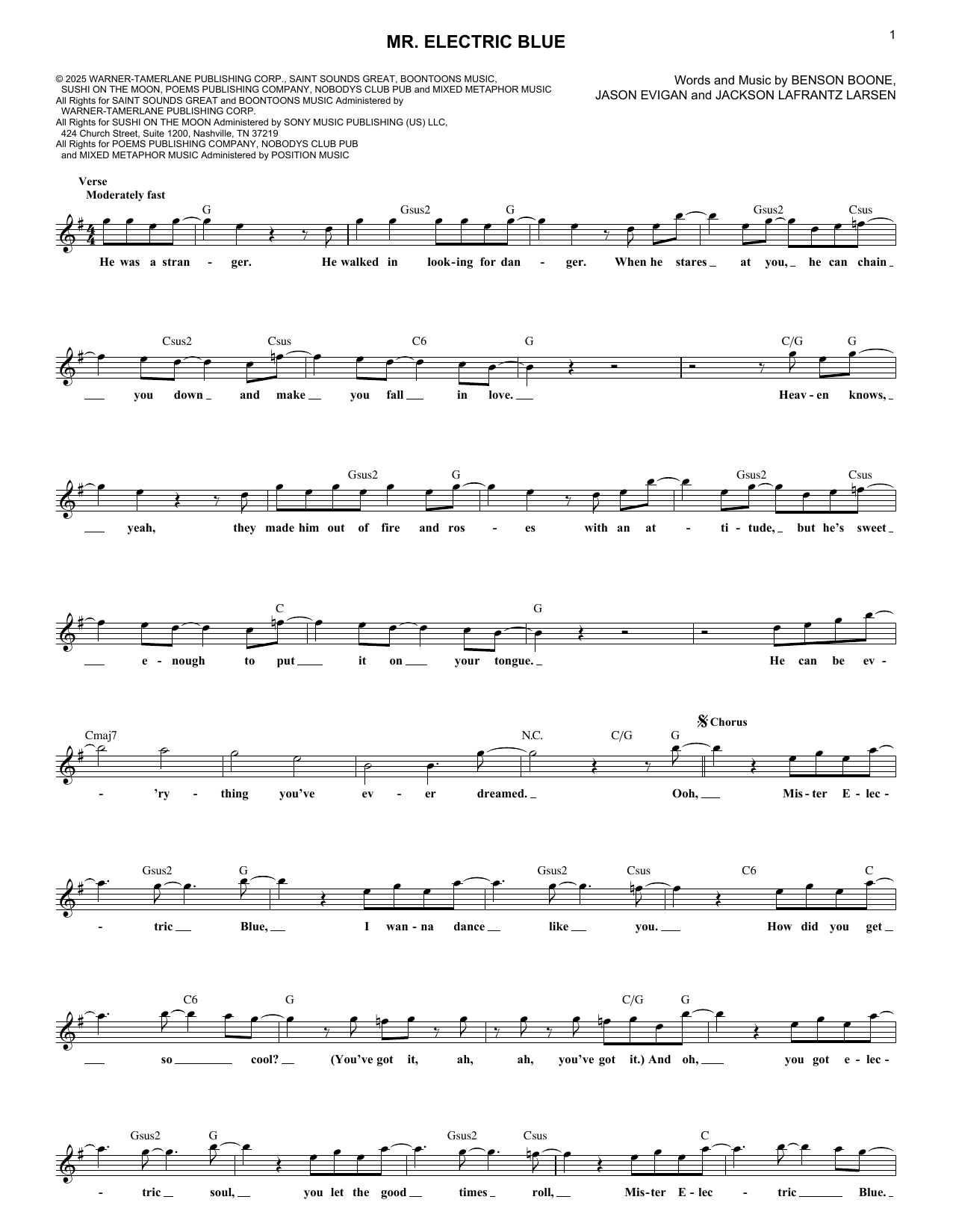 Download Benson Boone Mr. Electric Blue Sheet Music and learn how to play Lead Sheet / Fake Book PDF digital score in minutes