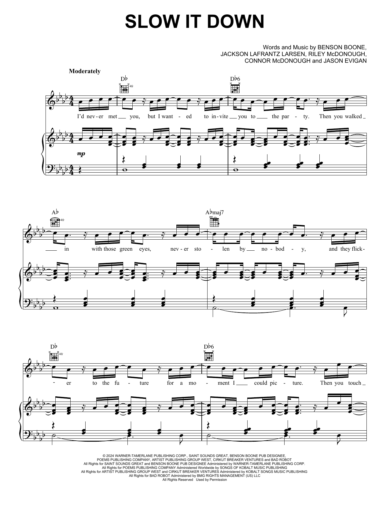 Download Benson Boone Slow It Down Sheet Music and learn how to play Piano, Vocal & Guitar Chords (Right-Hand Melody) PDF digital score in minutes