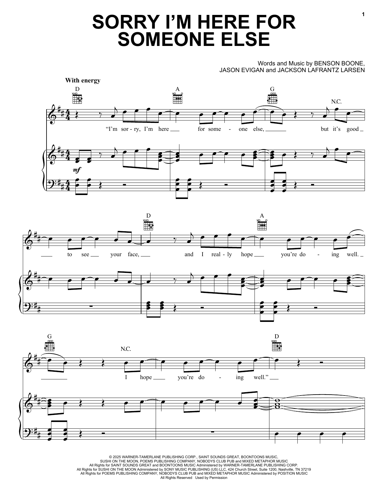 Download Benson Boone Sorry I'm Here For Someone Else Sheet Music and learn how to play Piano, Vocal & Guitar Chords (Right-Hand Melody) PDF digital score in minutes