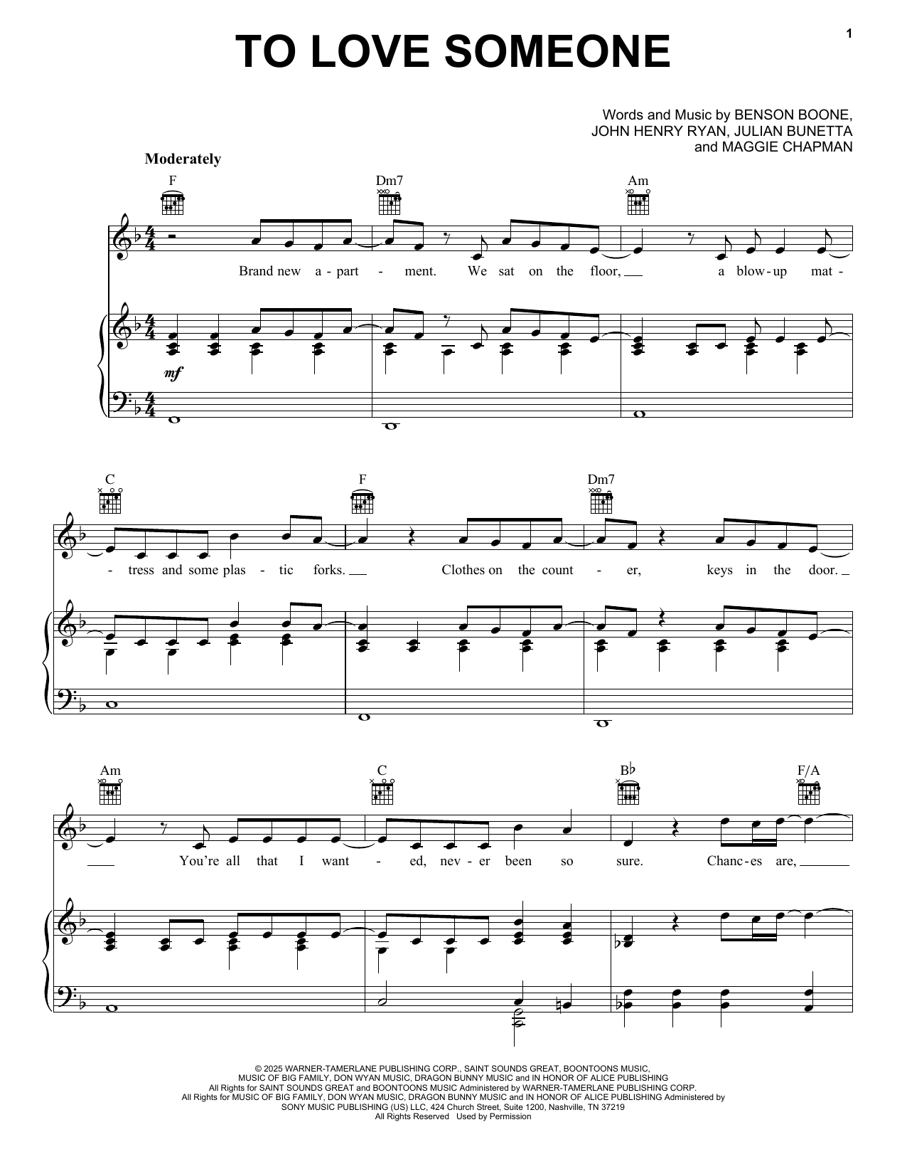 Download Benson Boone To Love Someone Sheet Music and learn how to play Piano, Vocal & Guitar Chords (Right-Hand Melody) PDF digital score in minutes
