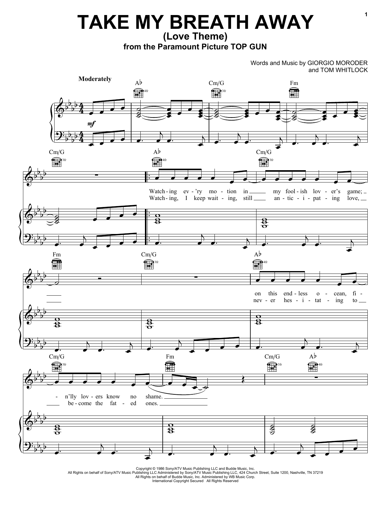 Download Berlin Take My Breath Away (Love Theme) (from Top Gun) Sheet Music and learn how to play Vocal Pro + Piano/Guitar PDF digital score in minutes
