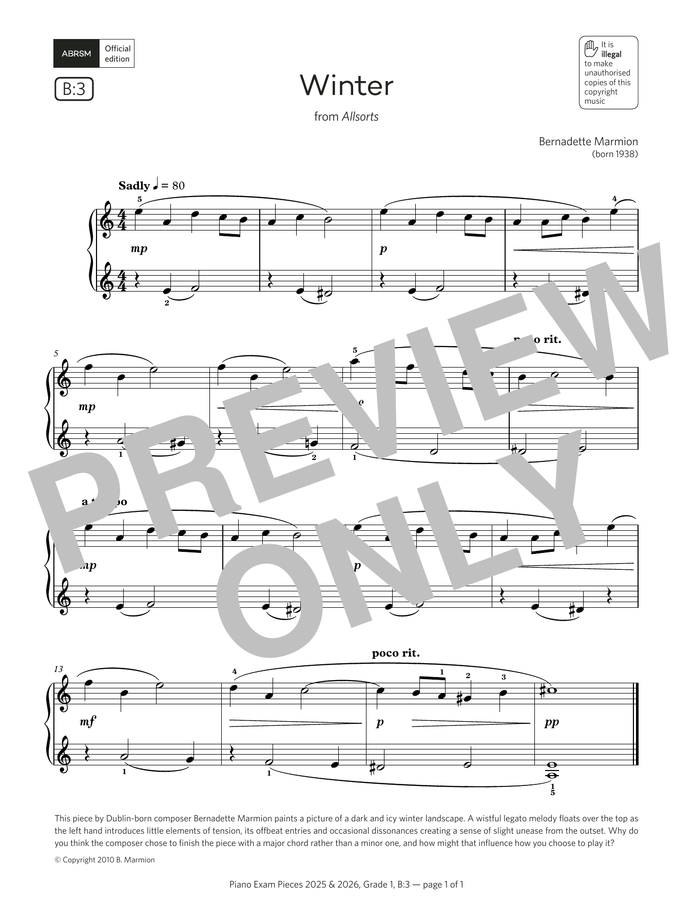 Download Bernadette Marmion Winter (Grade 1, list B3, from the ABRSM Piano Syllabus 2025 & 2026) Sheet Music and learn how to play Piano Solo PDF digital score in minutes