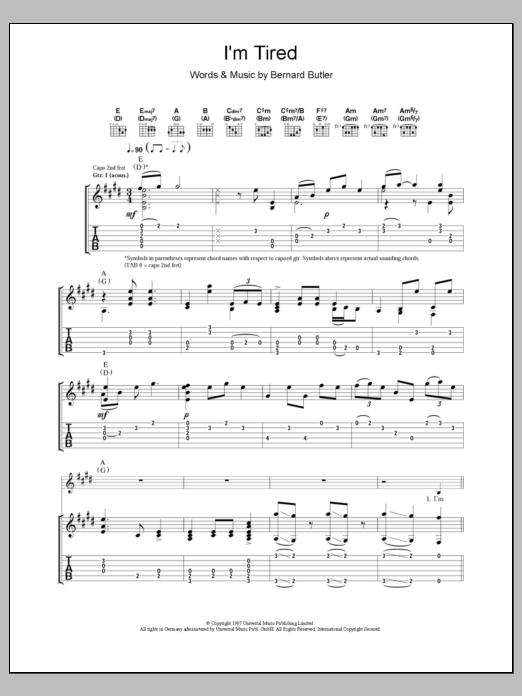 Download Bernard Butler I'm Tired Sheet Music and learn how to play Guitar Tab PDF digital score in minutes