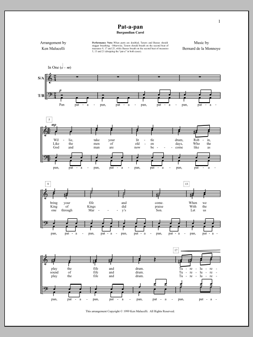 Download Bernard de la Monnoye Pat-a-Pan Sheet Music and learn how to play SATB Choir PDF digital score in minutes