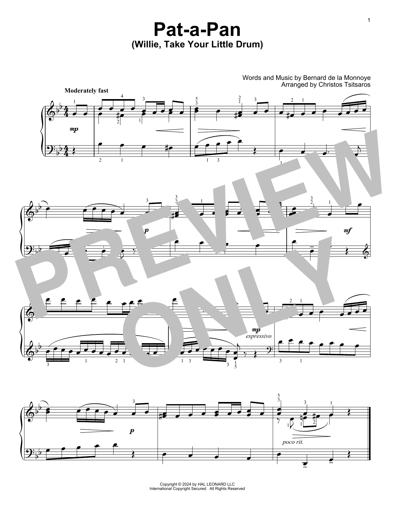 Download Bernard de la Monnoye Pat-A-Pan (Willie, Take Your Little Drum) (arr. Christos Tsitsaros) Sheet Music and learn how to play Easy Piano Solo PDF digital score in minutes