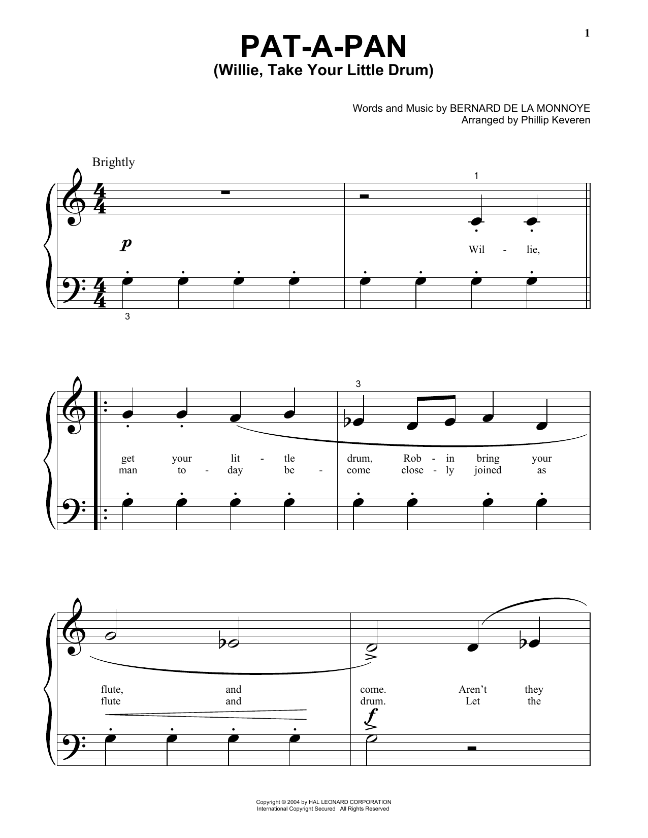 Download Bernard de la Monnoye Pat-A-Pan (Willie, Take Your Little Drum) (arr. Phillip Keveren) Sheet Music and learn how to play Piano Solo PDF digital score in minutes