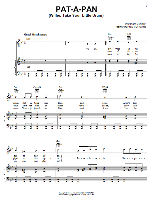Download Bernard de la Monnoye Pat-A-Pan (Willie, Take Your Little Drum) Sheet Music and learn how to play Lyrics & Chords PDF digital score in minutes