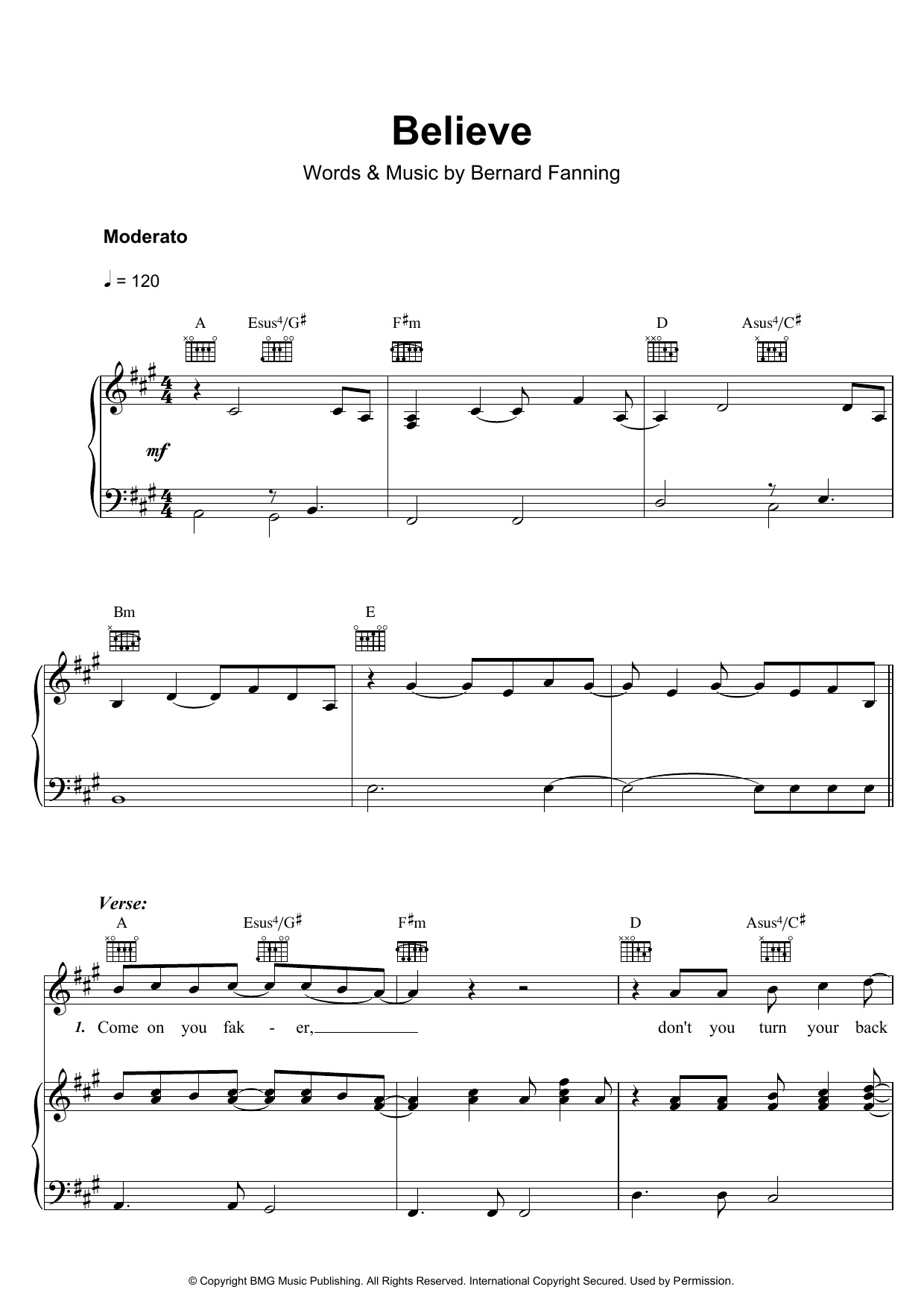 Download Bernard Fanning Believe Sheet Music and learn how to play Piano, Vocal & Guitar (Right-Hand Melody) PDF digital score in minutes