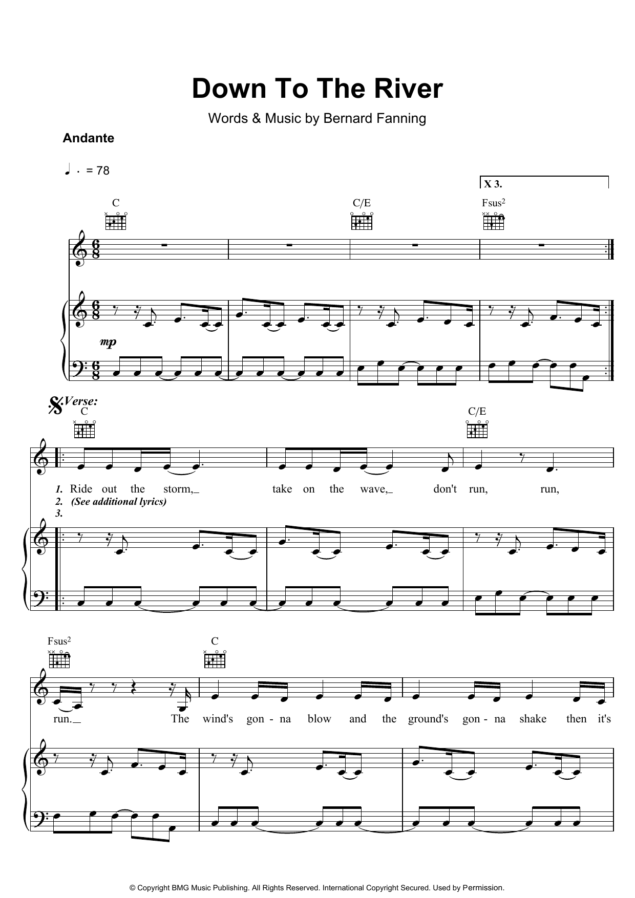 Download Bernard Fanning Down To The River Sheet Music and learn how to play Piano, Vocal & Guitar (Right-Hand Melody) PDF digital score in minutes