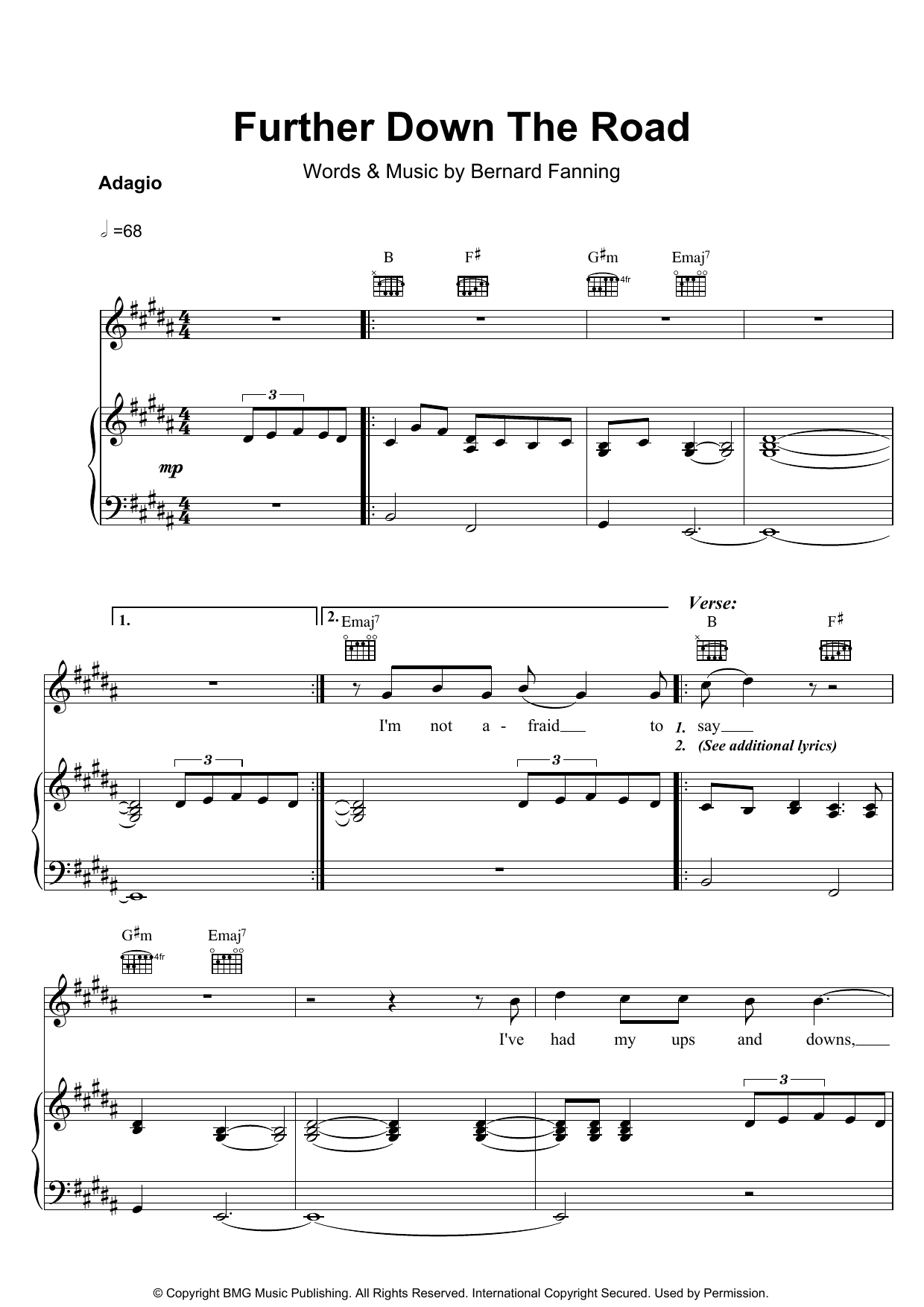 Download Bernard Fanning Further Down The Road Sheet Music and learn how to play Piano, Vocal & Guitar PDF digital score in minutes