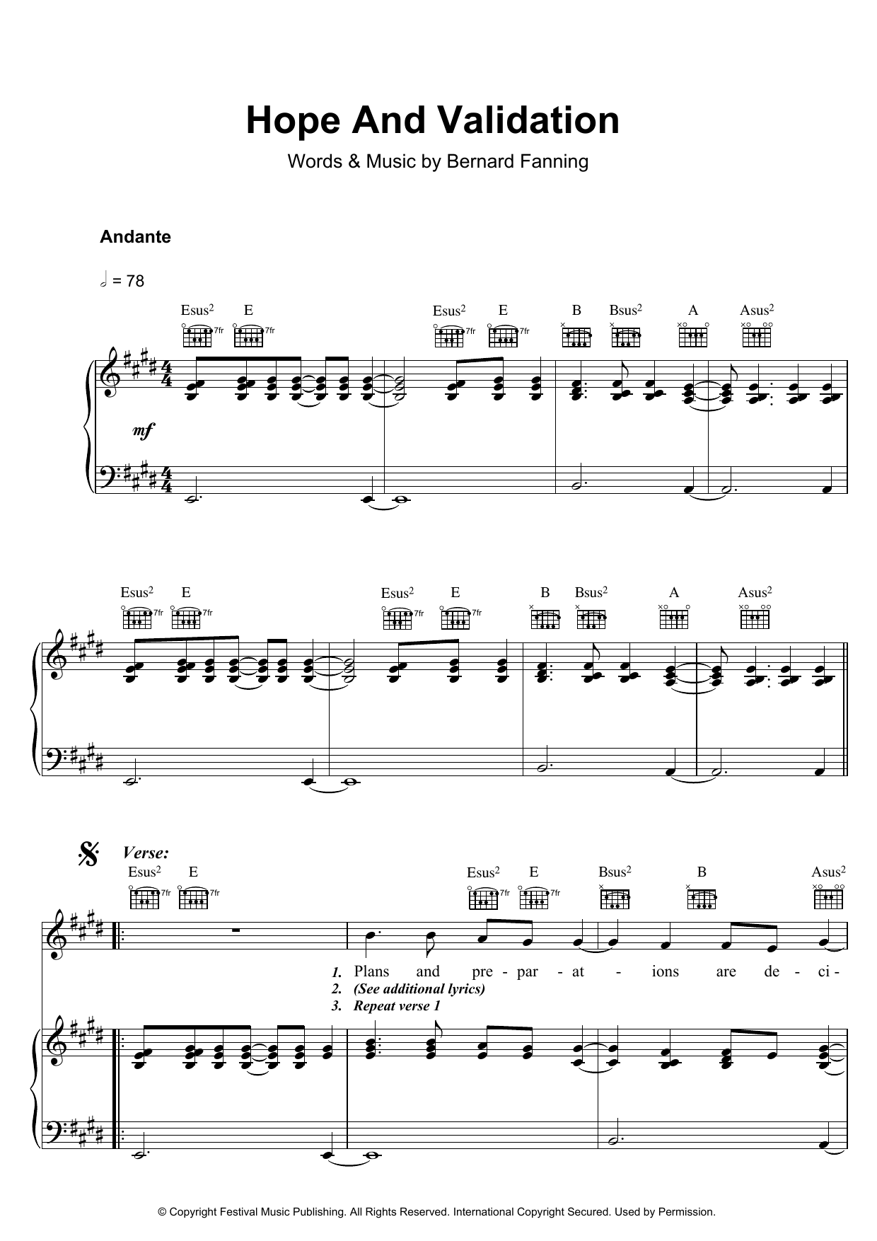 Download Bernard Fanning Hope And Validation Sheet Music and learn how to play Piano, Vocal & Guitar PDF digital score in minutes
