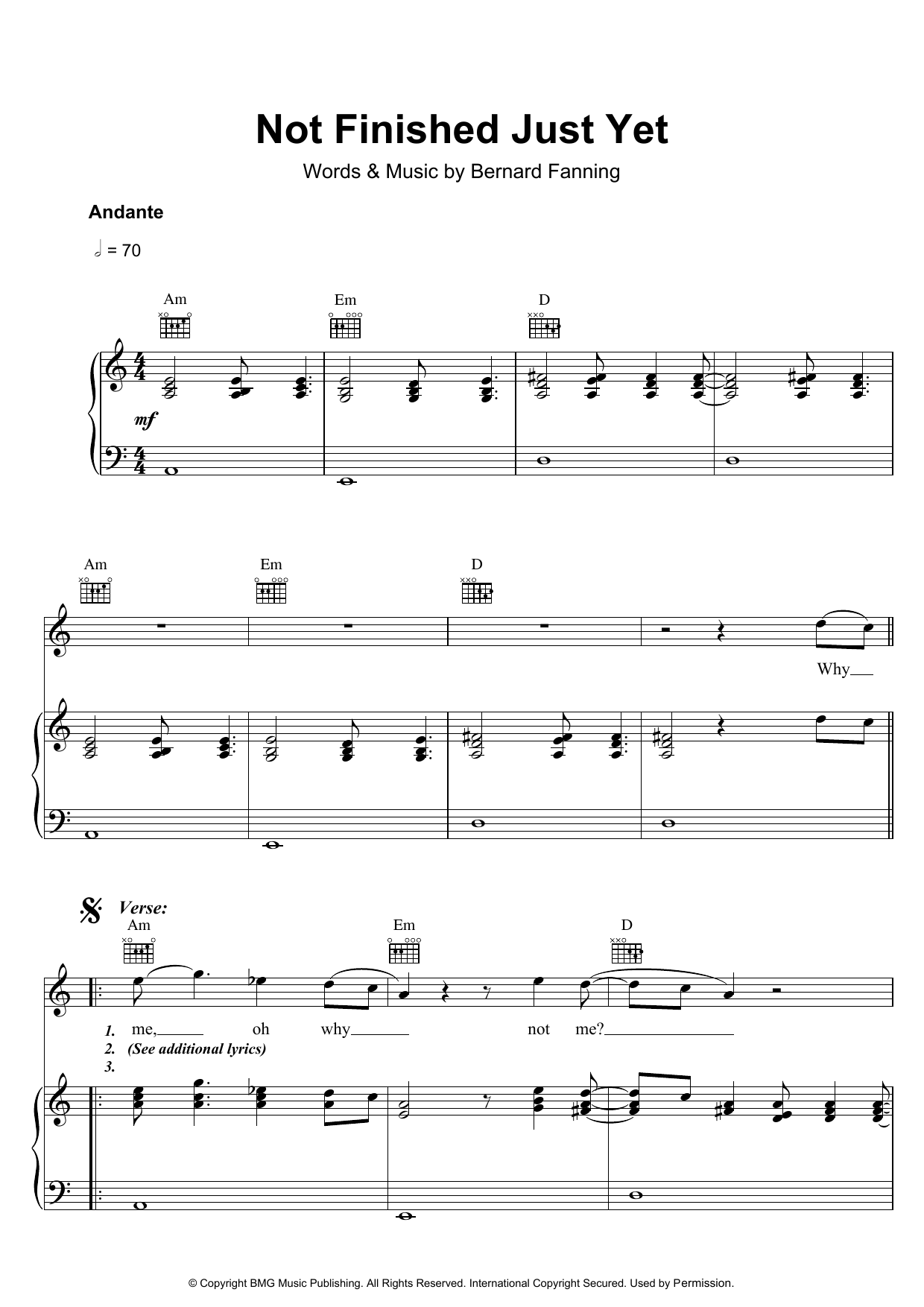 Download Bernard Fanning Not Finished Just Yet Sheet Music and learn how to play Piano, Vocal & Guitar (Right-Hand Melody) PDF digital score in minutes