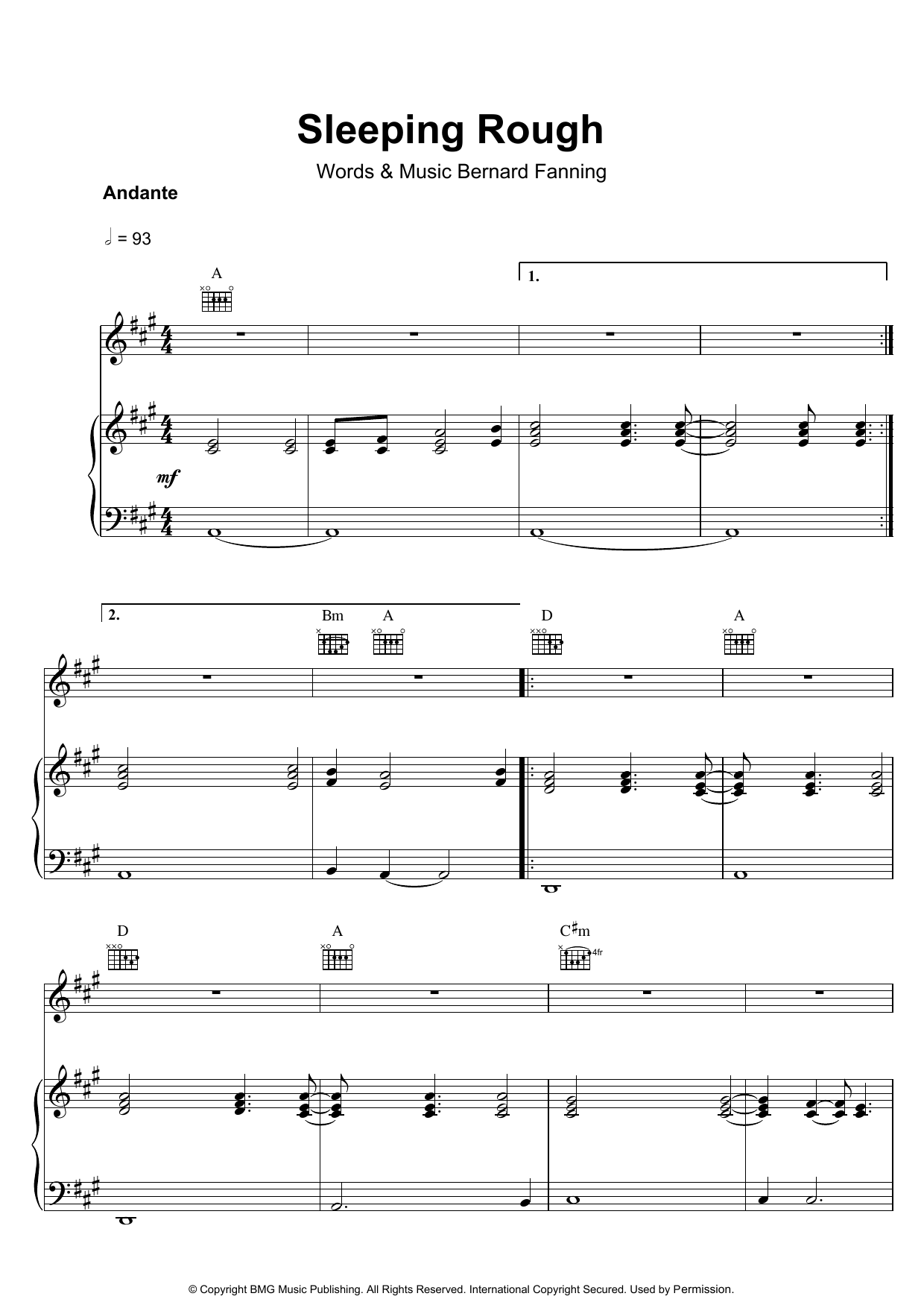 Download Bernard Fanning Sleeping Rough Sheet Music and learn how to play Piano, Vocal & Guitar (Right-Hand Melody) PDF digital score in minutes