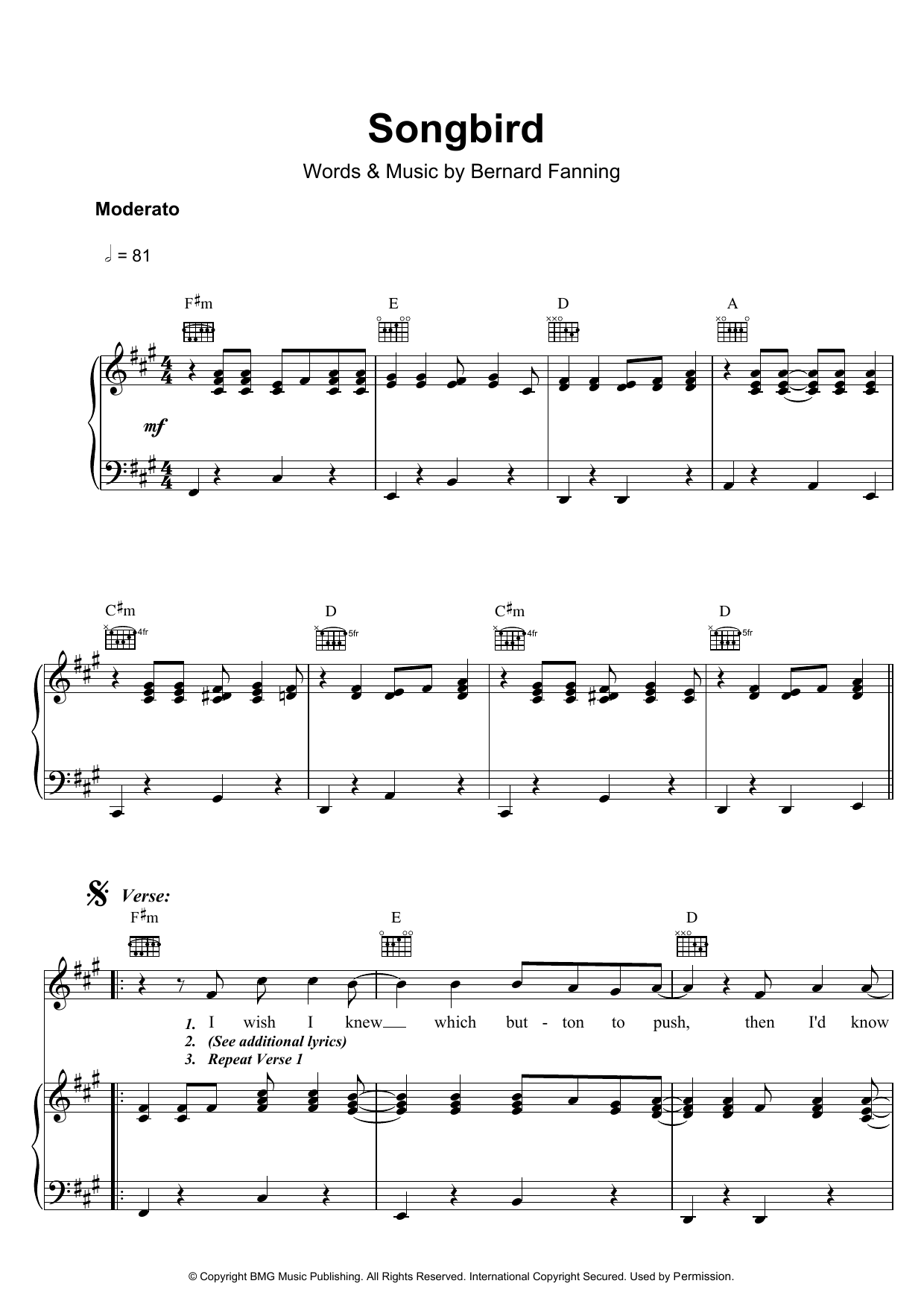 Download Bernard Fanning Songbird Sheet Music and learn how to play Piano, Vocal & Guitar (Right-Hand Melody) PDF digital score in minutes