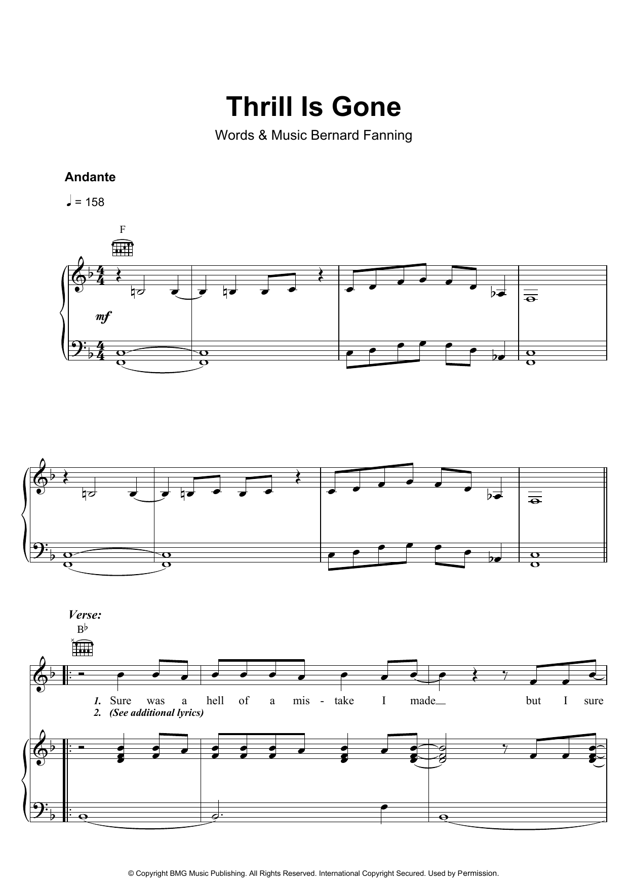 Download Bernard Fanning Thrill Is Gone Sheet Music and learn how to play Piano, Vocal & Guitar (Right-Hand Melody) PDF digital score in minutes