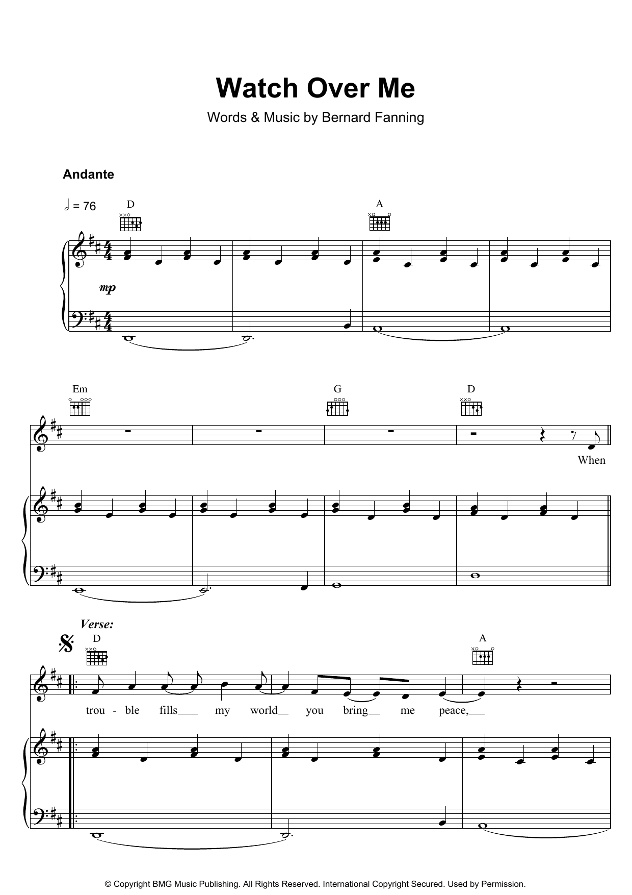 Download Bernard Fanning Watch Over Me Sheet Music and learn how to play Piano, Vocal & Guitar PDF digital score in minutes