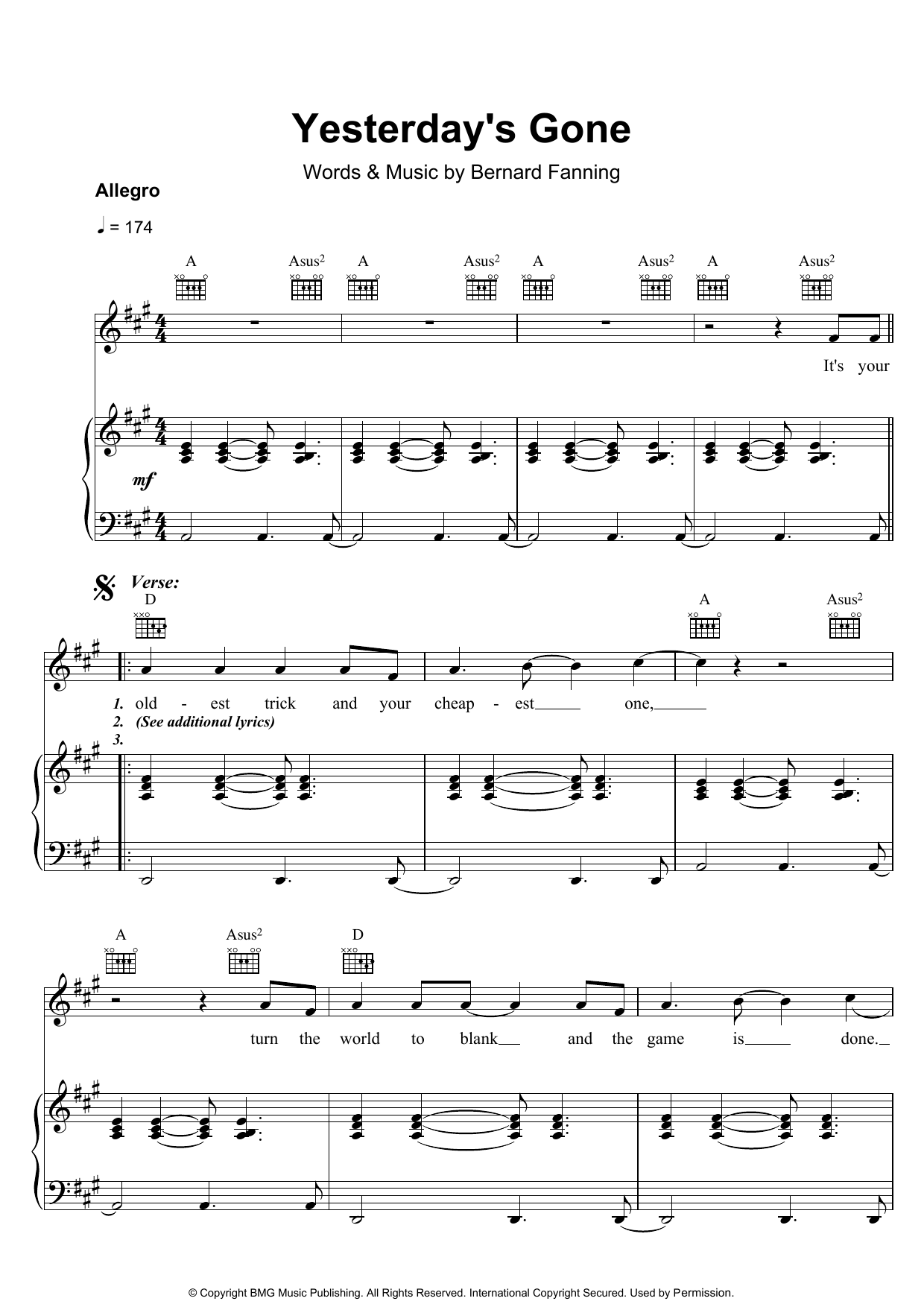 Download Bernard Fanning Yesterday's Gone Sheet Music and learn how to play Piano, Vocal & Guitar PDF digital score in minutes