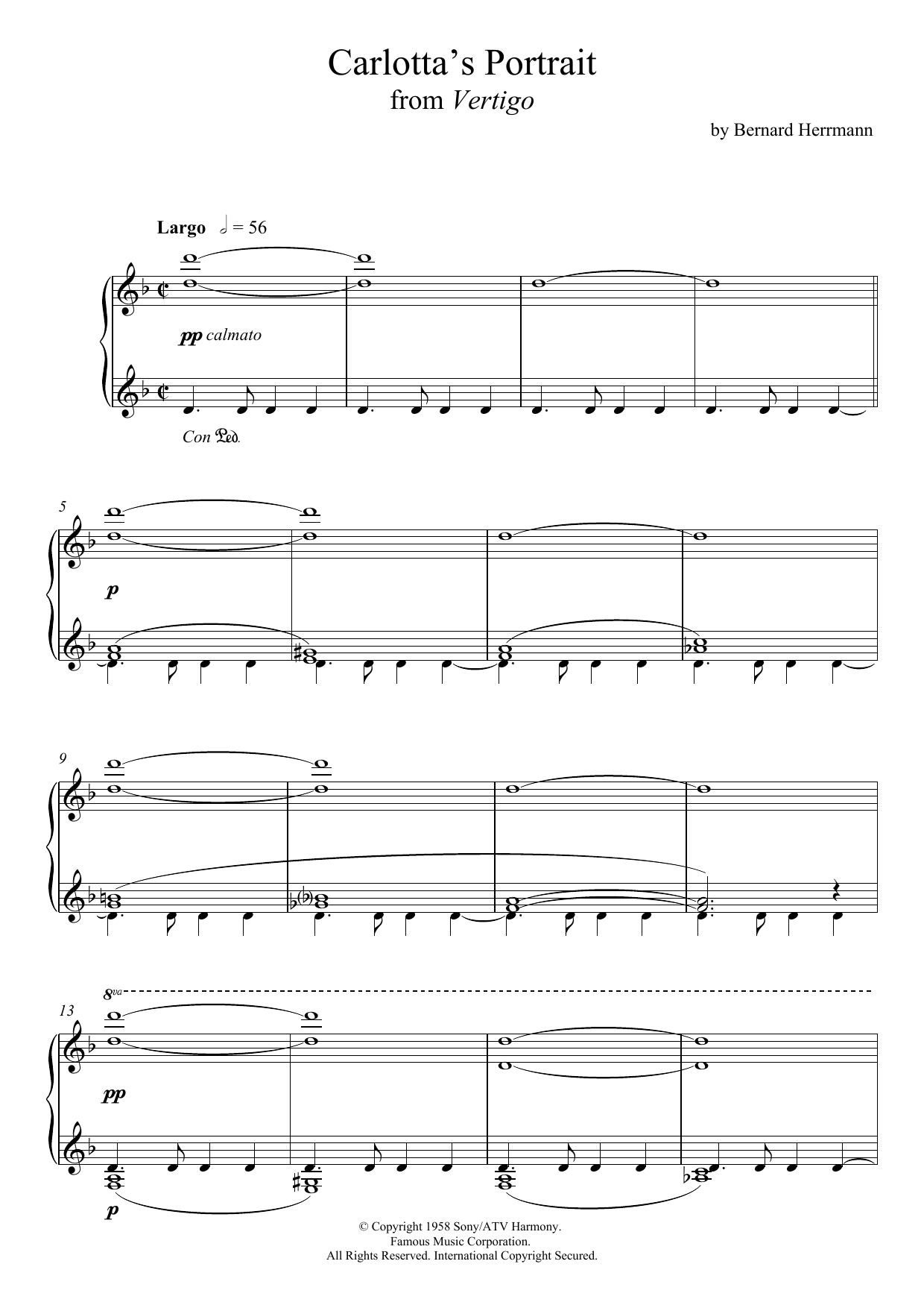 Download Bernard Herrmann Carlotta's Portrait From Vertigo Sheet Music and learn how to play Piano PDF digital score in minutes