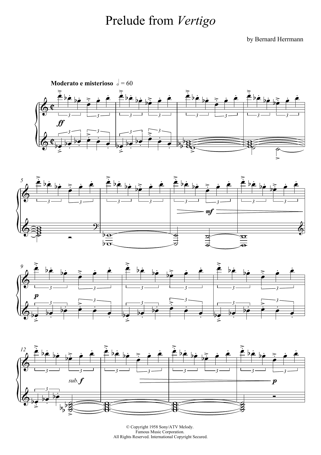 Download Bernard Herrmann Prelude From Vertigo Sheet Music and learn how to play Piano PDF digital score in minutes
