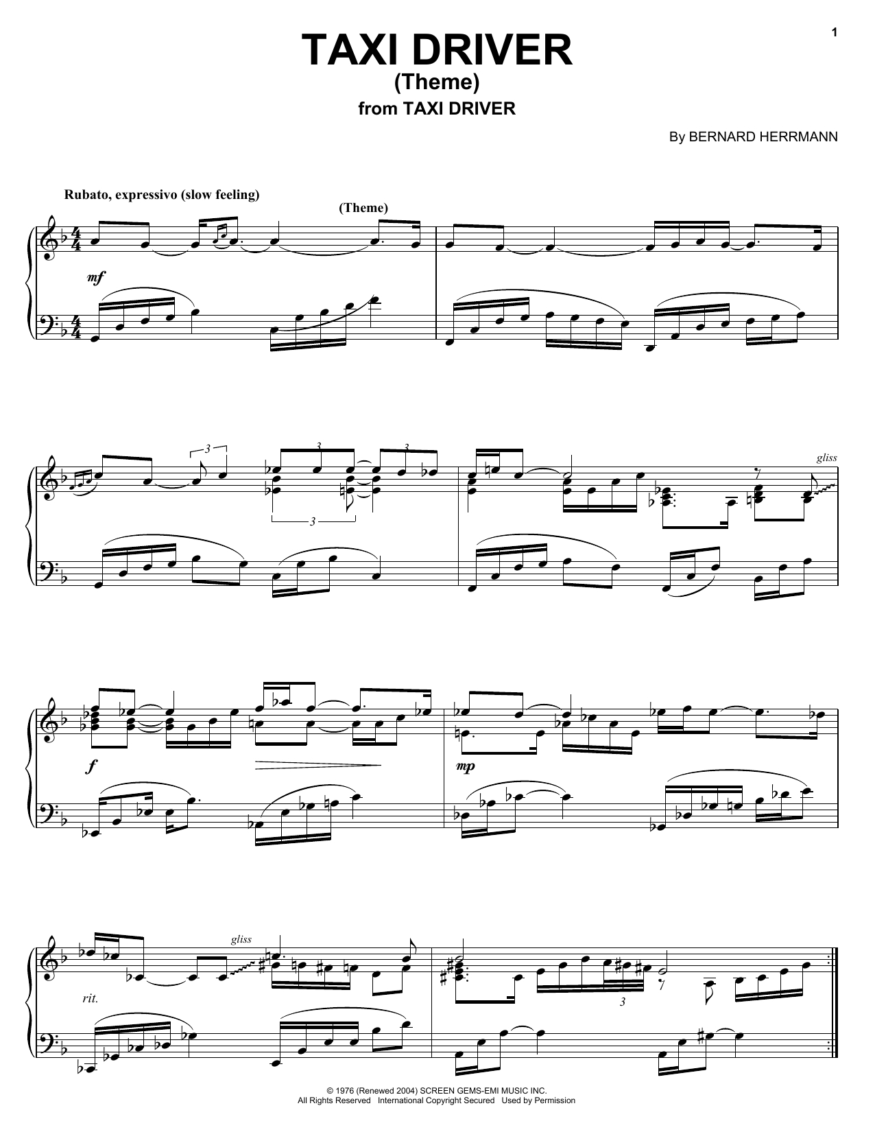 Download Bernard Herrmann Taxi Driver (Theme) Sheet Music and learn how to play Piano PDF digital score in minutes
