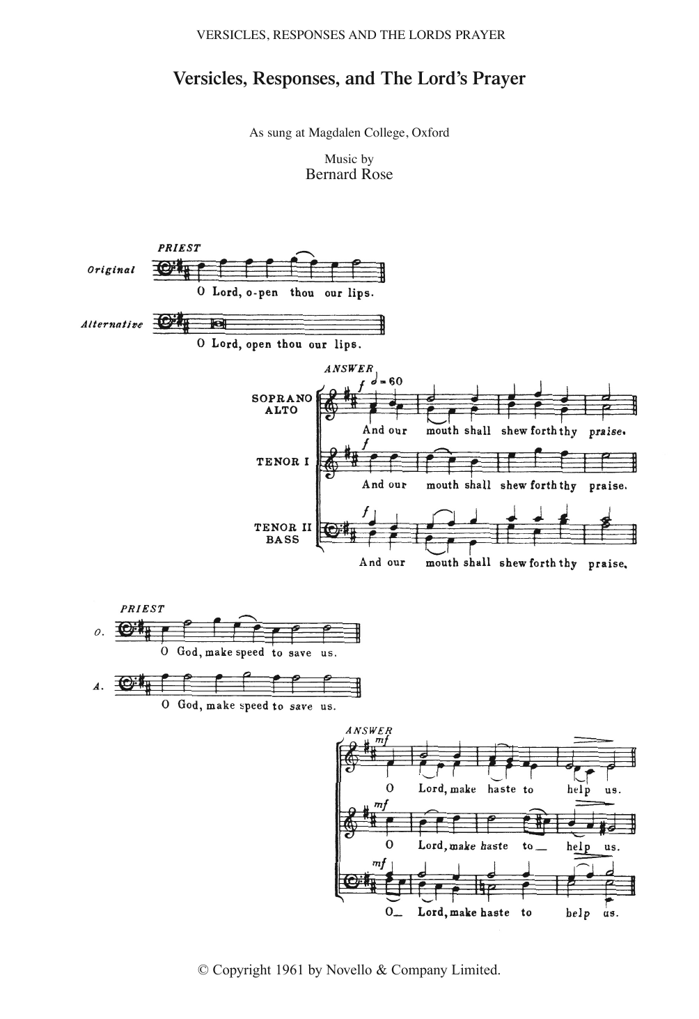 Download Bernard Rose Versicles, Responses And The Lord's Prayer Sheet Music and learn how to play Piano, Vocal & Guitar PDF digital score in minutes